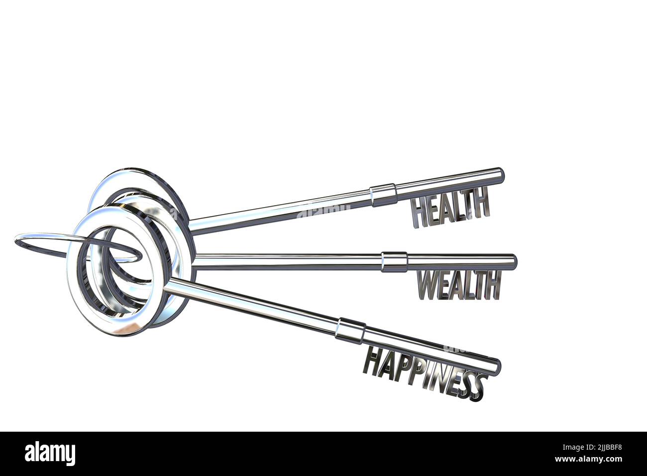 key to health concept key to wealth concept key to happiness concept health wealth & happiness cut out isolated white background Stock Photo