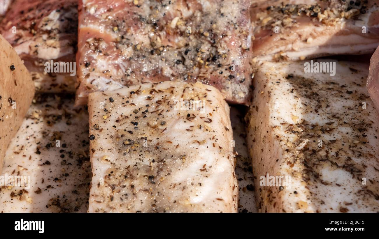 Salted traditional Ukrainian bacon. Cooked in spices. A large chunk of