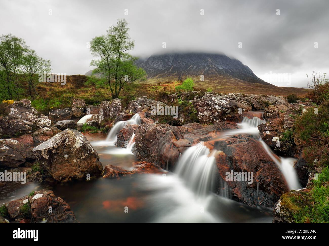 Waterfalls at Buachaille Etive Mor at Glencoe in the Scottish Highlands Stock Photo