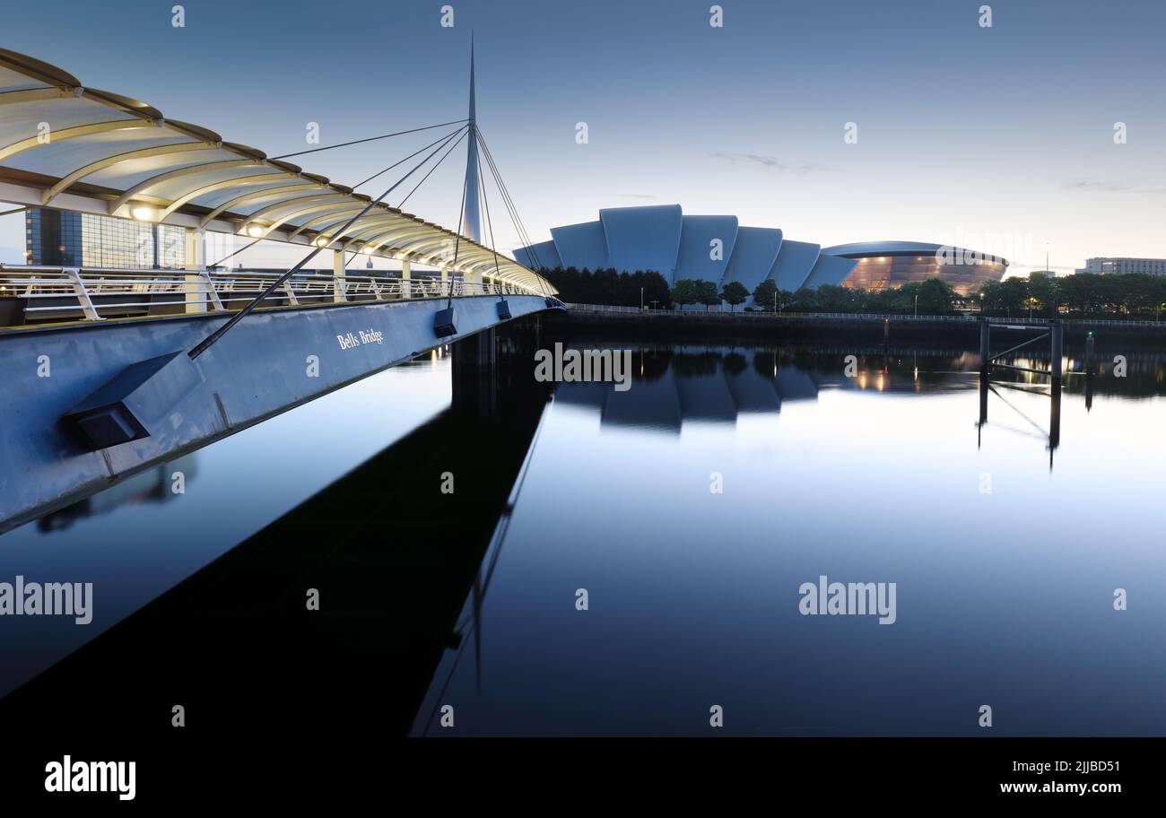 The Bell's Bridge and Scottish Exhibition Centre in the Blue Hour, Glasgow Stock Photo