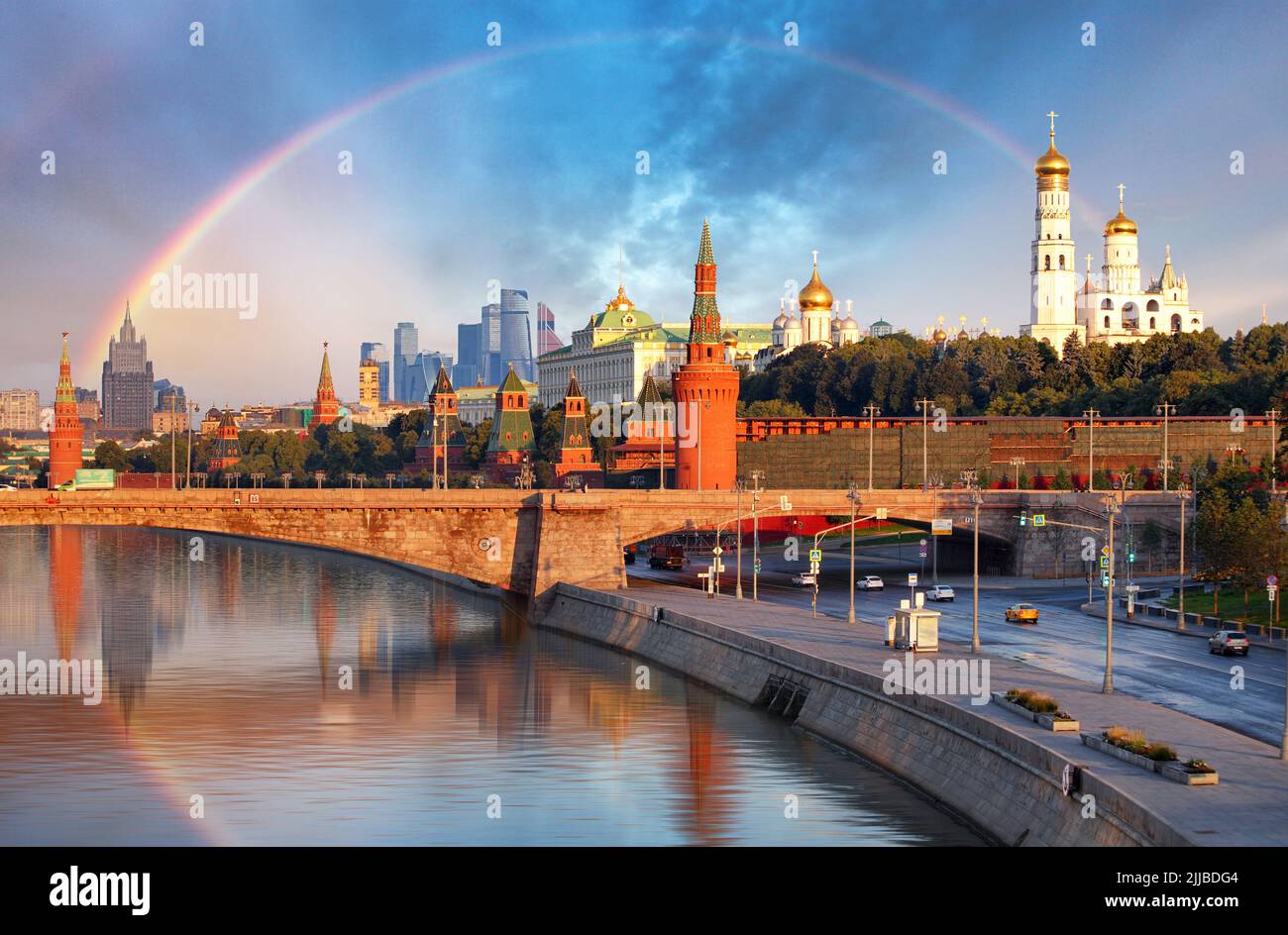 Russia, Moscow city skylinew with rainbow Stock Photo