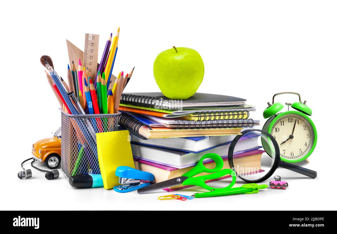 School supplies composition isolated on a white background Stock Photo