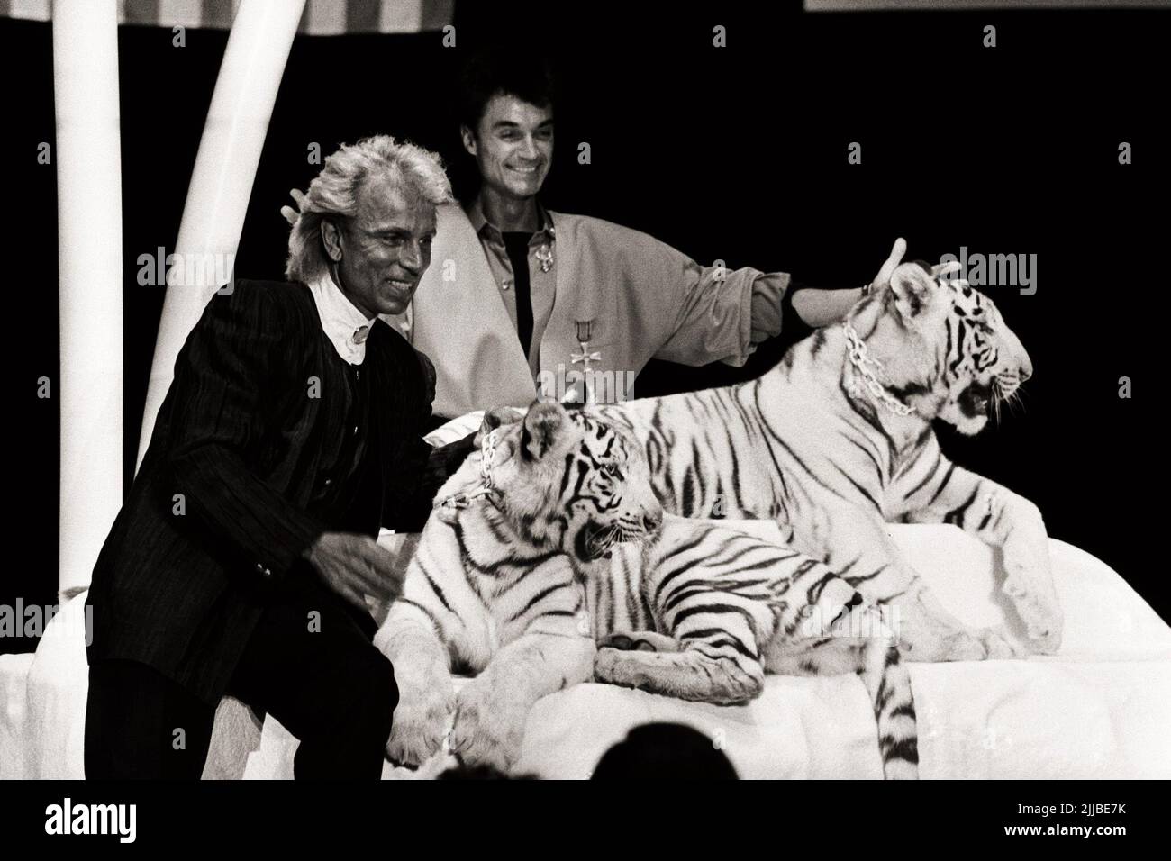 Siegfried und Roy schenken dem Phantasialand in Brühl bei Köln zum 20. Geburtstag zwei weiße Tigerjunge.Richard R. Burt,  US-amerikanischer Diplomat und Lobbyis (mitte) Stock Photo