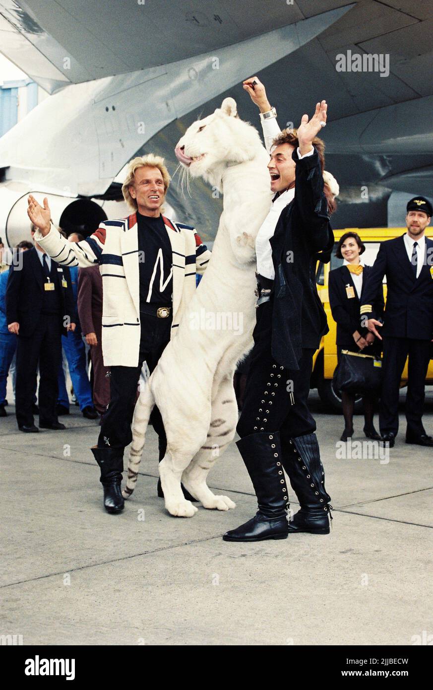 Siegfried und Roy schenken dem Phantasialand in Brühl bei Köln zum 20. Geburtstag zwei weiße Tigerjunge.Im Hintergrund Gottlieb Löffelhardt (Phantasialand) Deutschland, 1987 Stock Photo