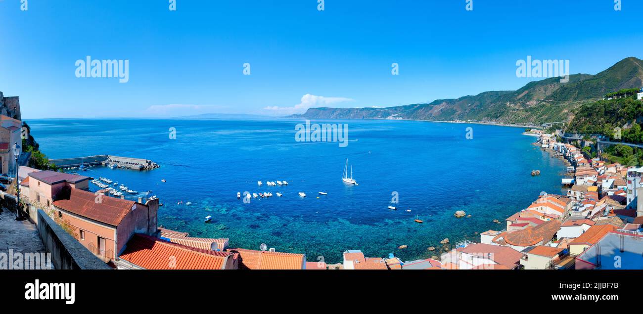 Azure bay at Scilla widescreen panorama, Calabria, Italy Stock Photo