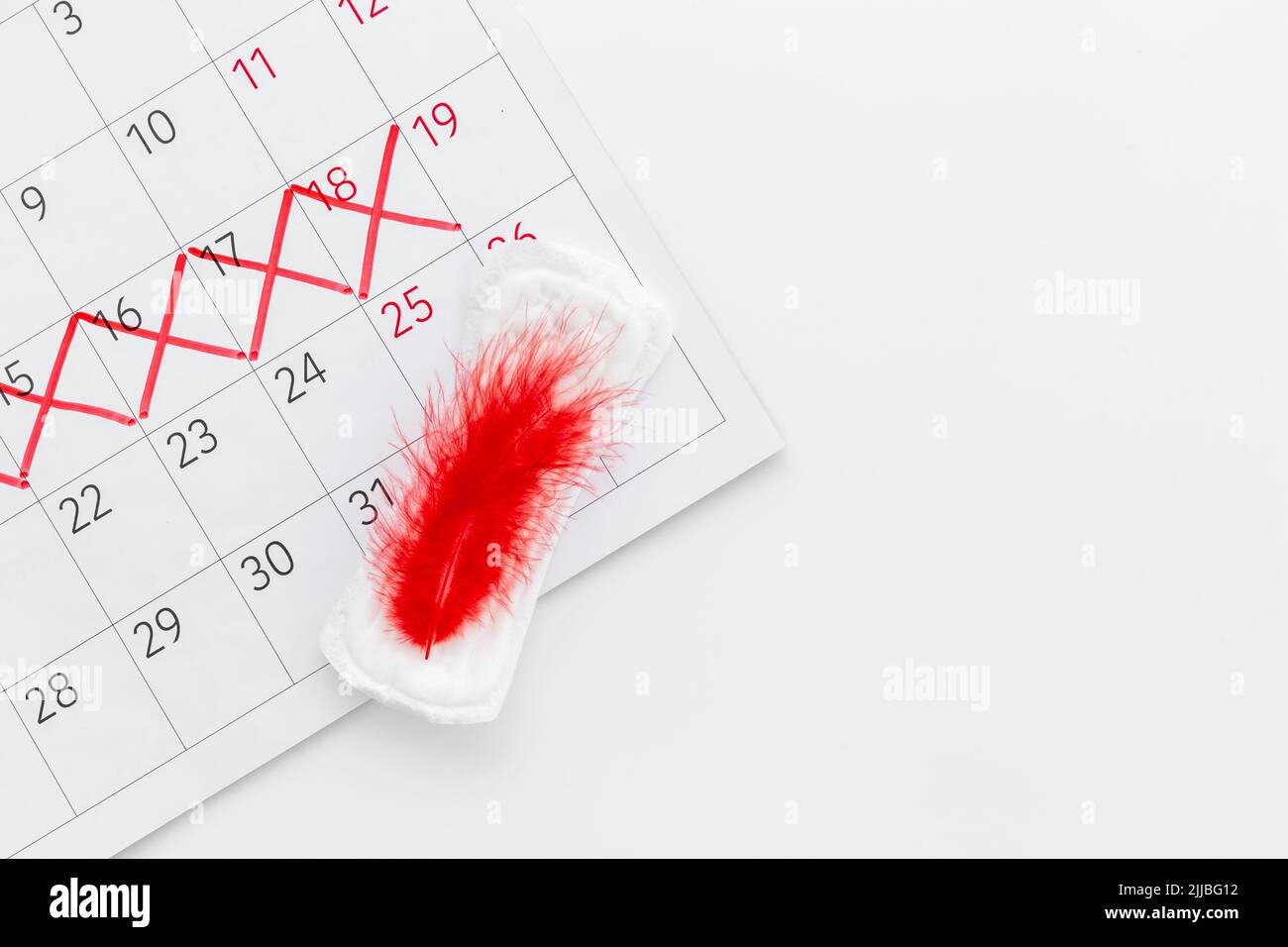 Menstruation period concept. White pad with red feather, top view Stock