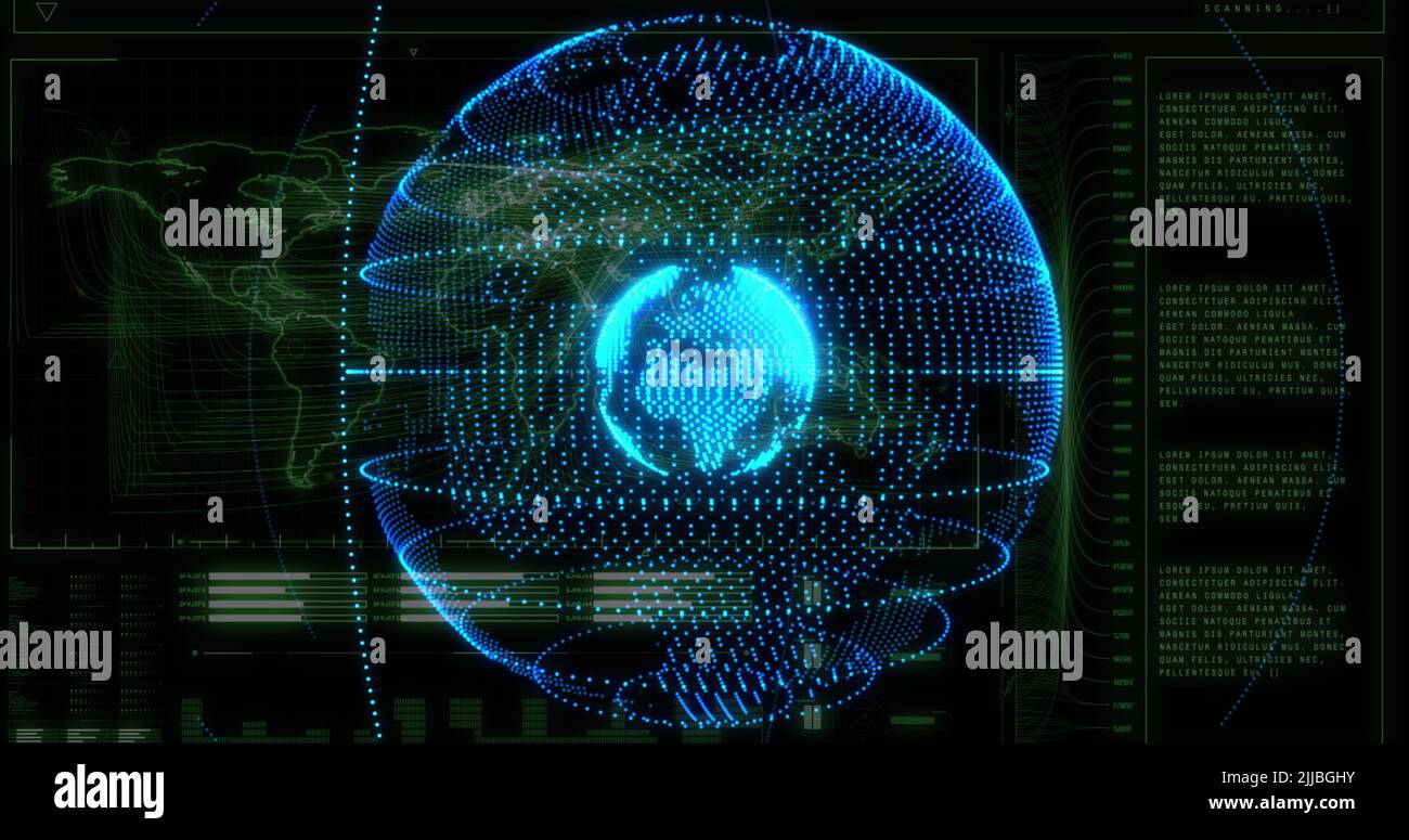 Image of network of connections and data processing over world map and ...