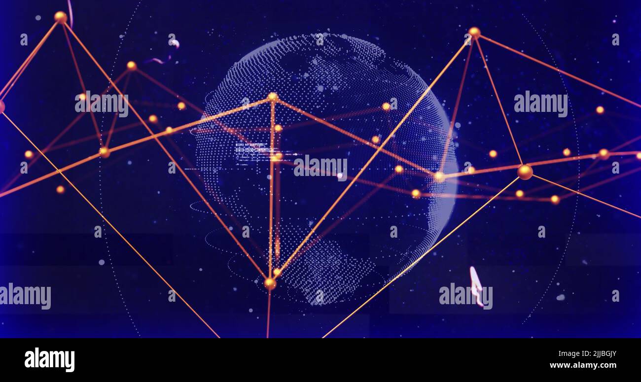 Image of network of connections and data processing over spinning globe ...