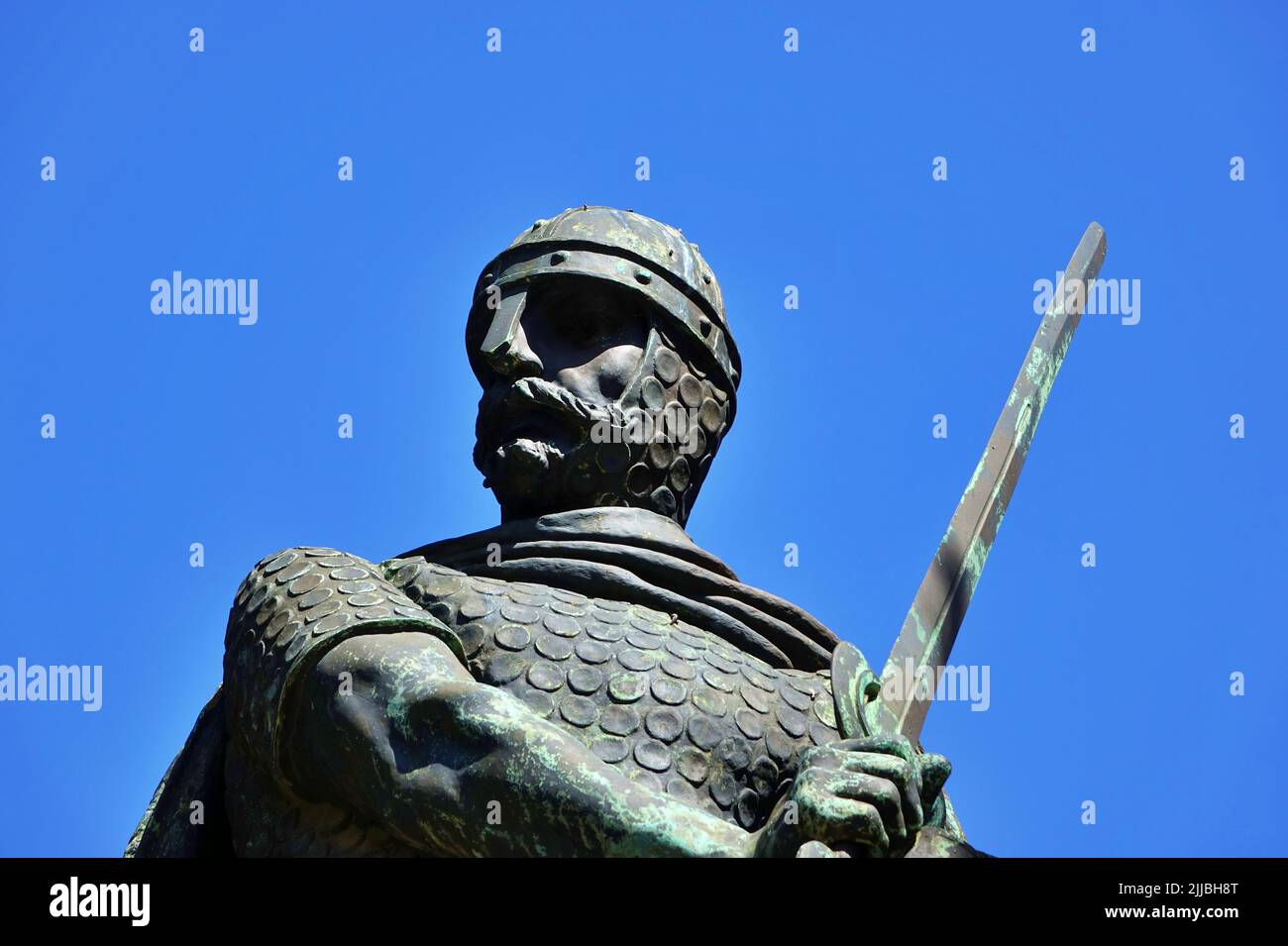 Detail of the statue of the fist king of Portugal, Afonso Henriques. Statue located of the castle of saint George, Lisbon, Portugal Stock Photo