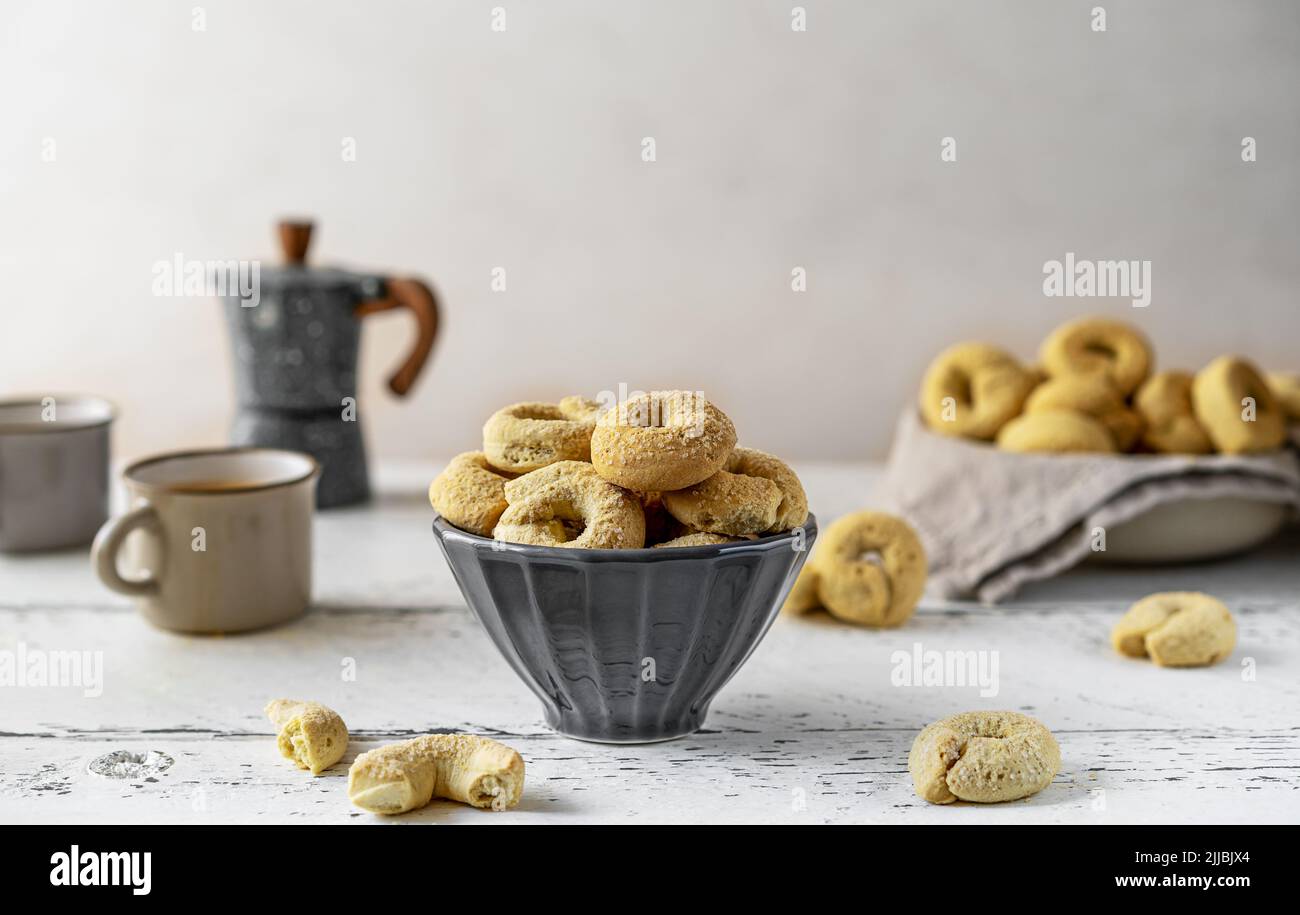 Sweet Italian cookies Taralli made with white wine, sugar, olive oil
