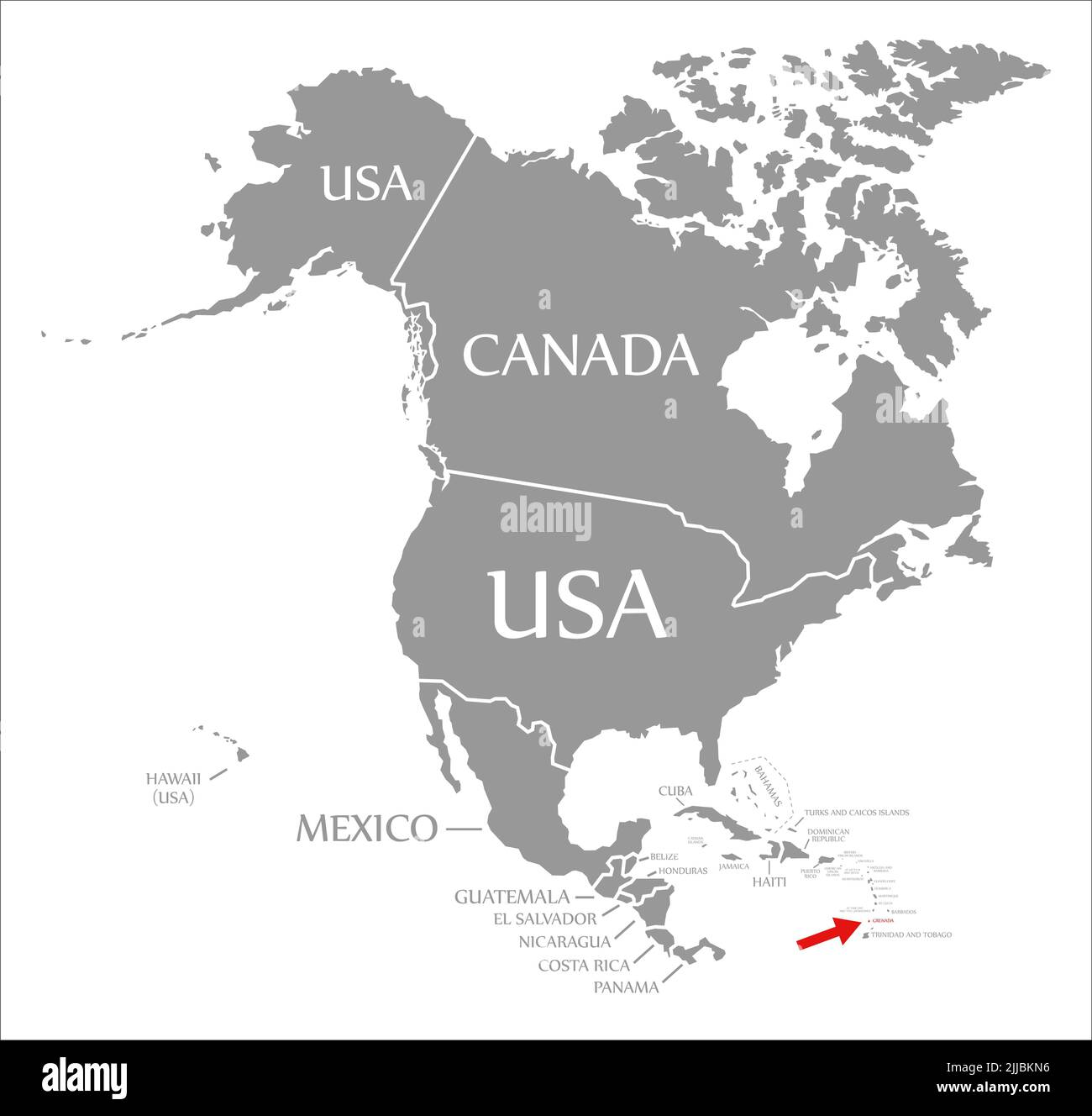 Grenada red highlighted in map of North America Stock Photo