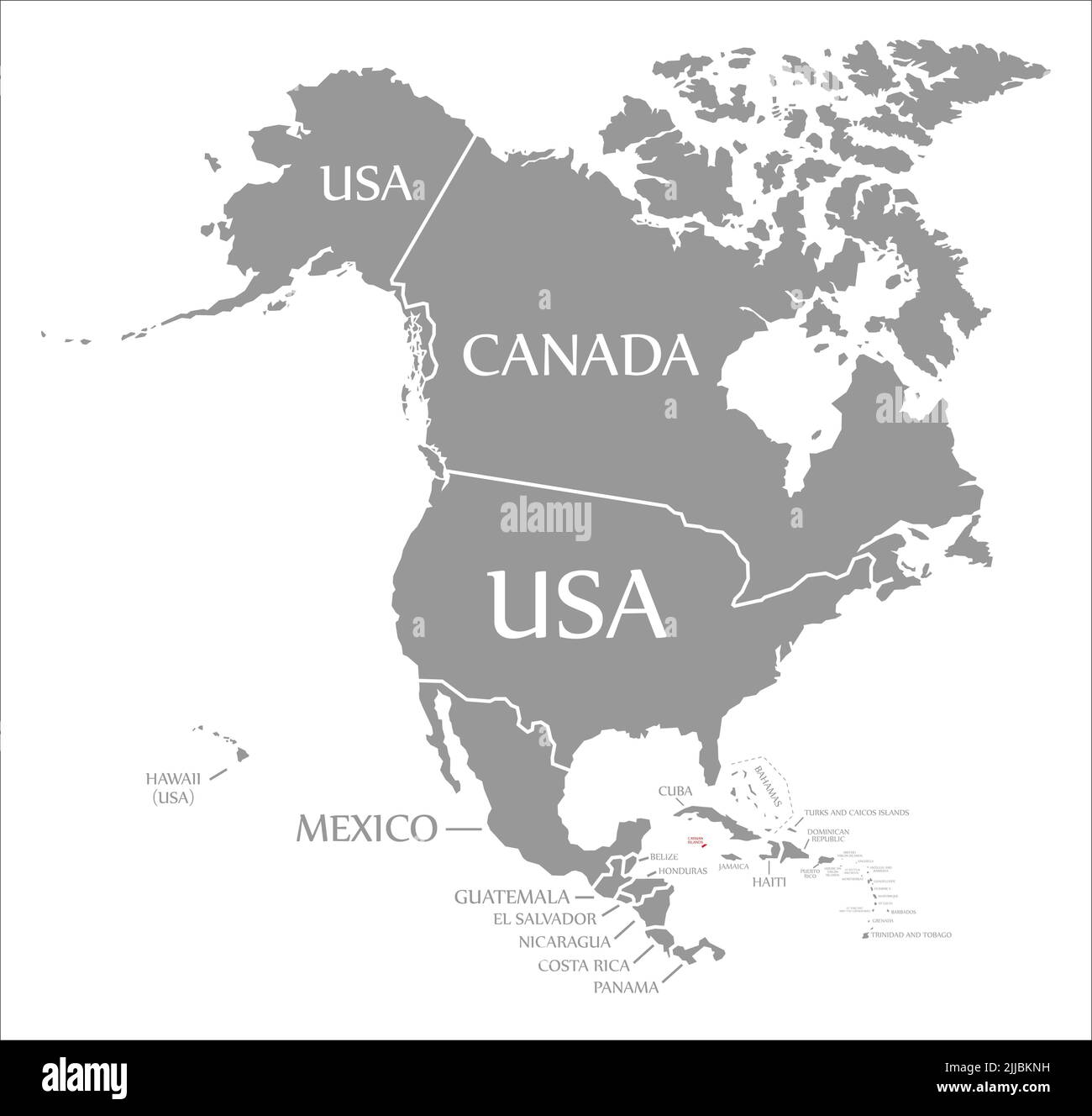 Cayman Islands red highlighted in map of North America Stock Photo