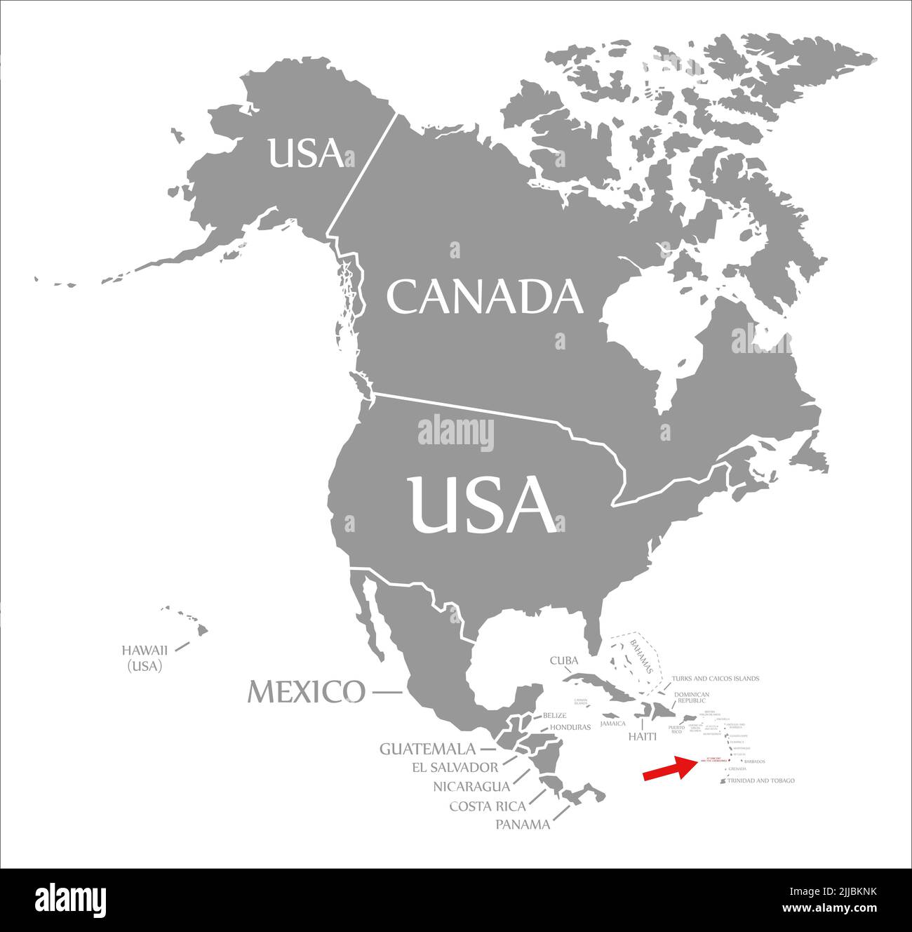 Saint Vincent and the Grenadines red highlighted in map of North America Stock Photo