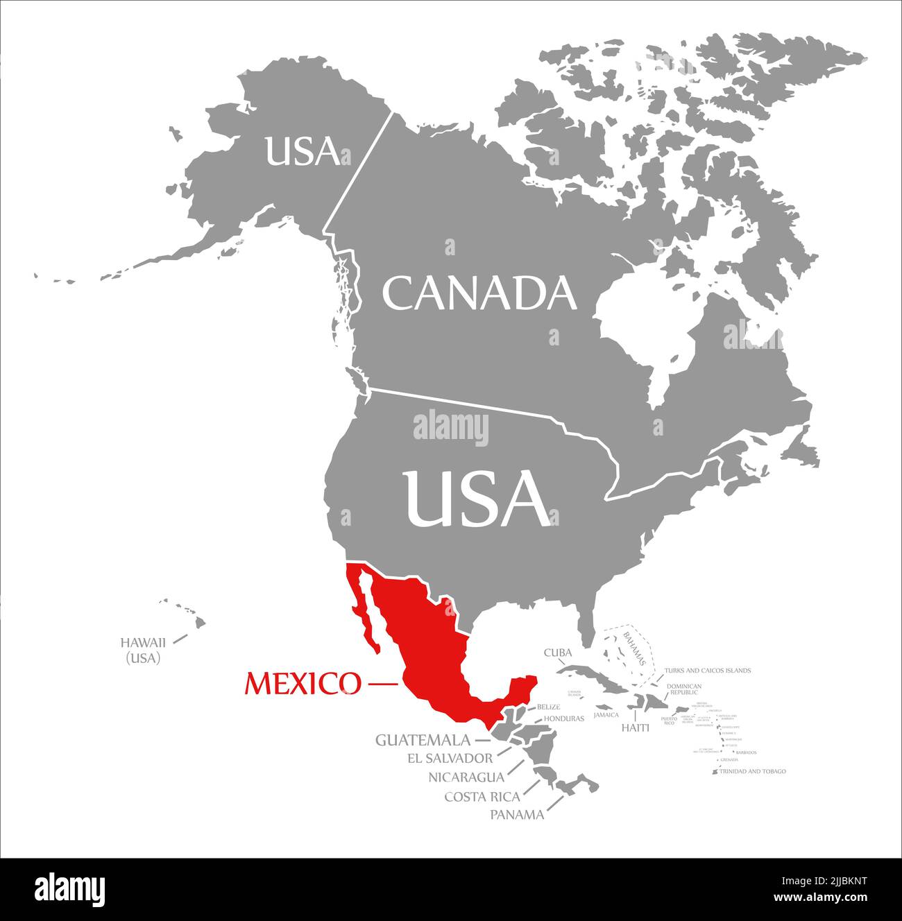 Mexico red highlighted in map of North America Stock Photo