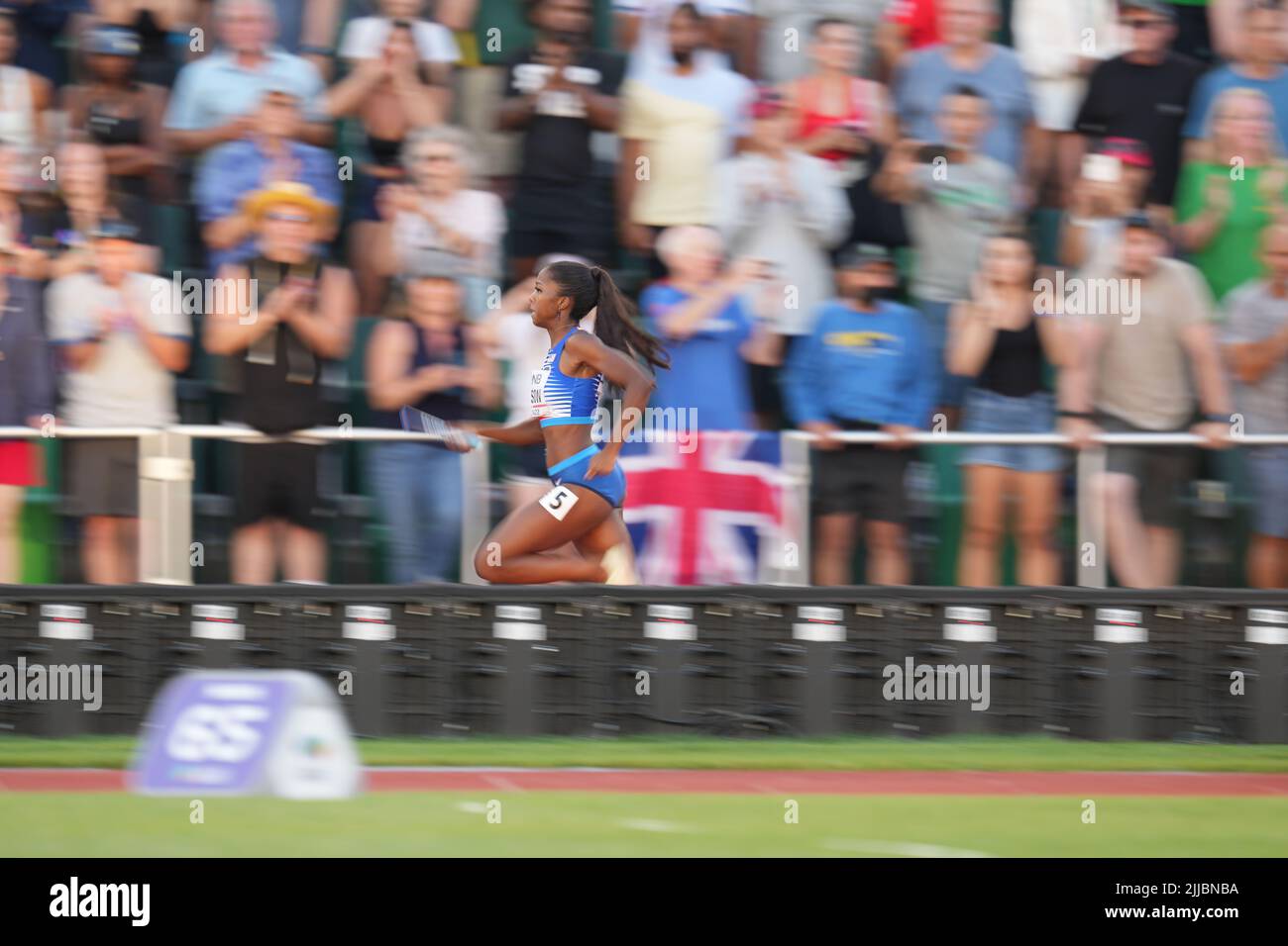 Eugene, USA. 24th July, 2022. Britton Wilson of team USA sprints during the women's 4x400m relay final at the World Athletics Championships Oregon22 in Eugene, Oregon, the United States, July 24, 2022. Credit: Wu Xiaoling/Xinhua/Alamy Live News Stock Photo
