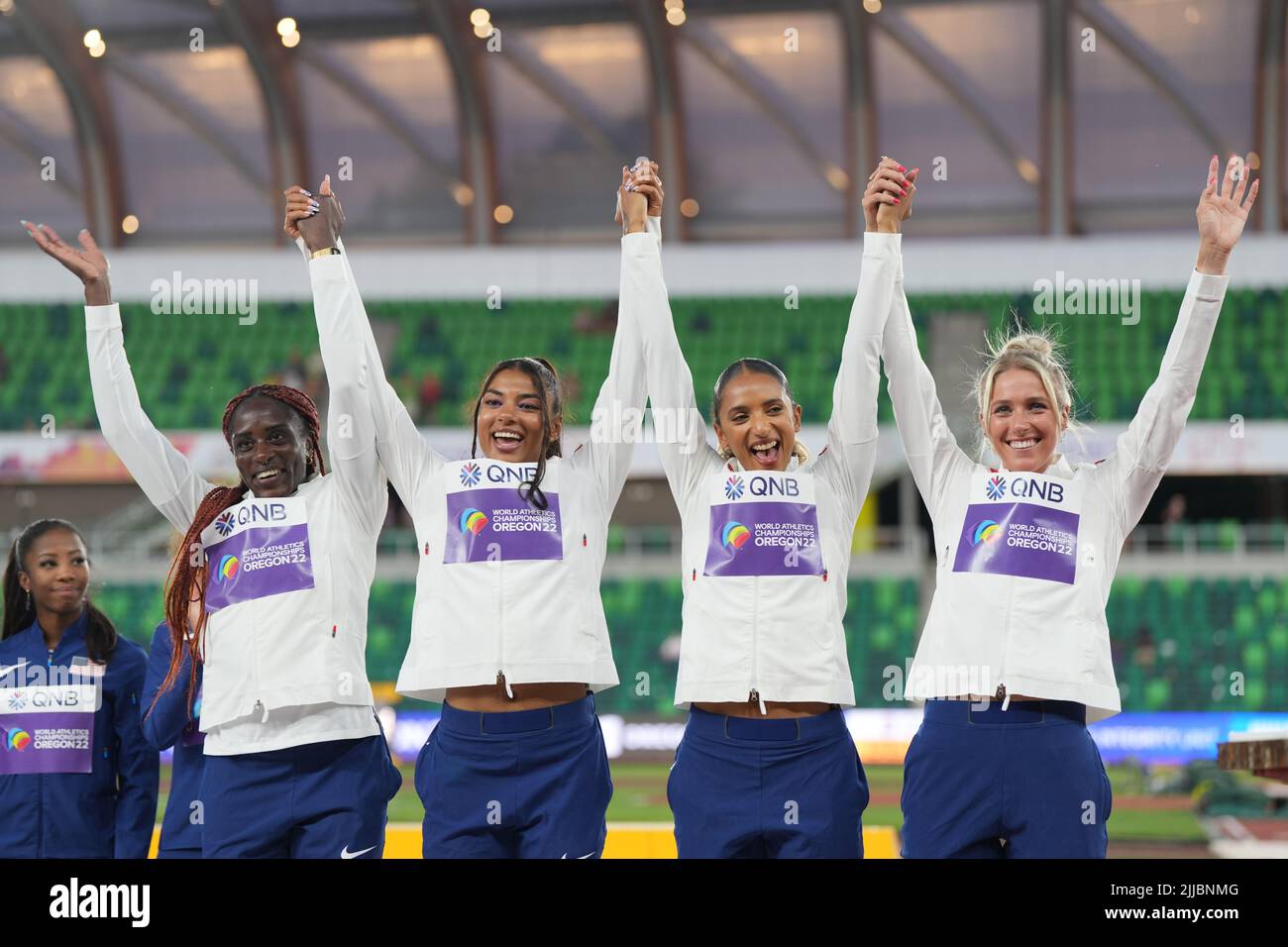 Eugene, USA. 24th July, 2022. Bronze medalists Victoria Ohuruogu, Nicole Yeargin, Laviai Nielsen and Jessie Knight (L-R) of Team Britain celebrate during the women's 4x400m relay awarding ceremony at the World Athletics Championships Oregon22 in Eugene, Oregon, the United States, July 24, 2022. Credit: Wu Xiaoling/Xinhua/Alamy Live News Stock Photo