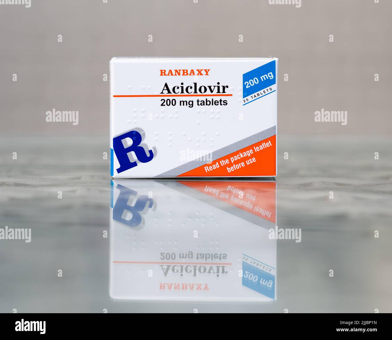 Aciclovir, an antiviral drug used primarily to treat herpes simplex virus, chickenpox and shingles Stock Photo