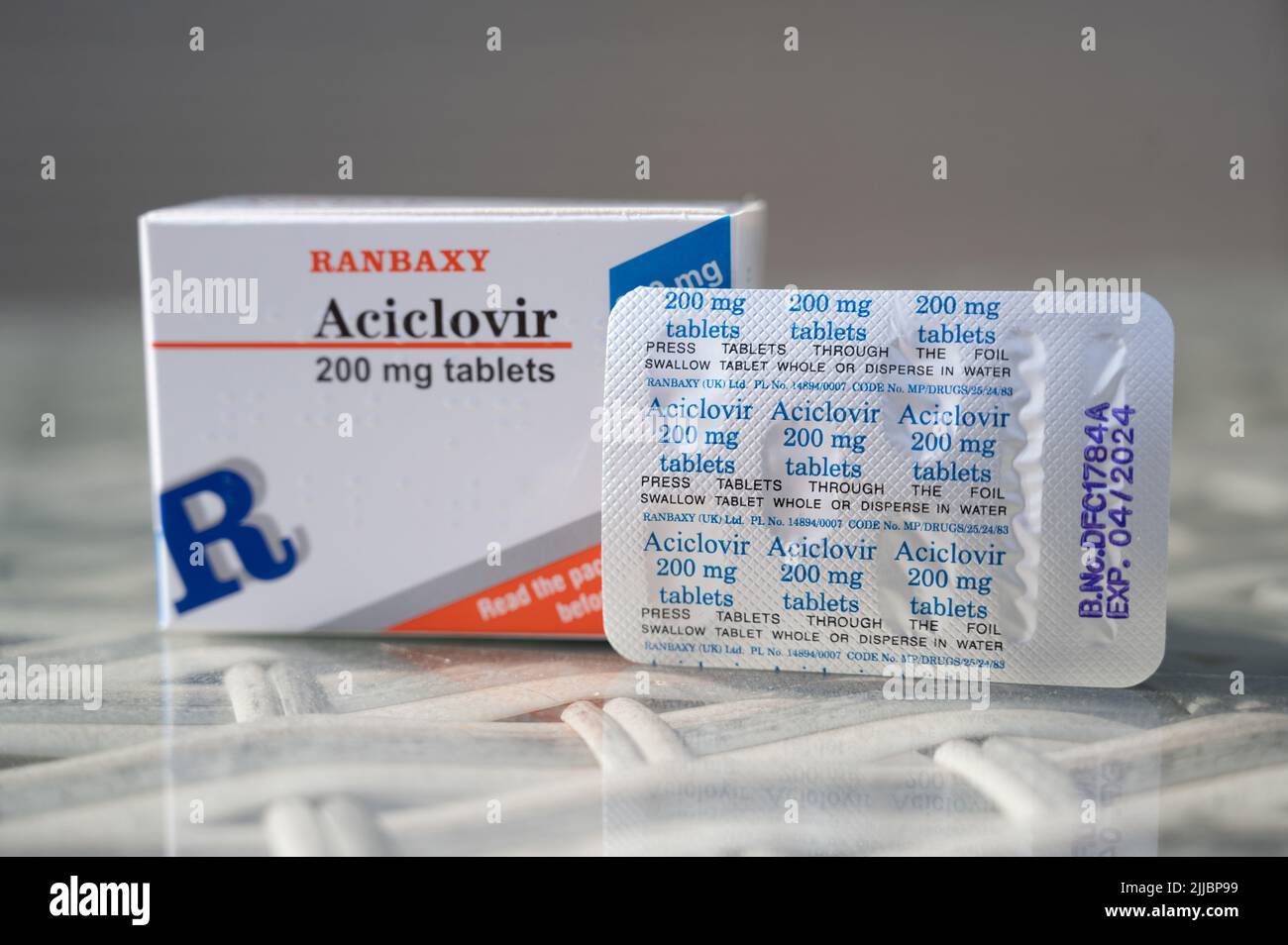 Aciclovir, an antiviral drug used primarily to treat herpes simplex virus, chickenpox and shingles Stock Photo