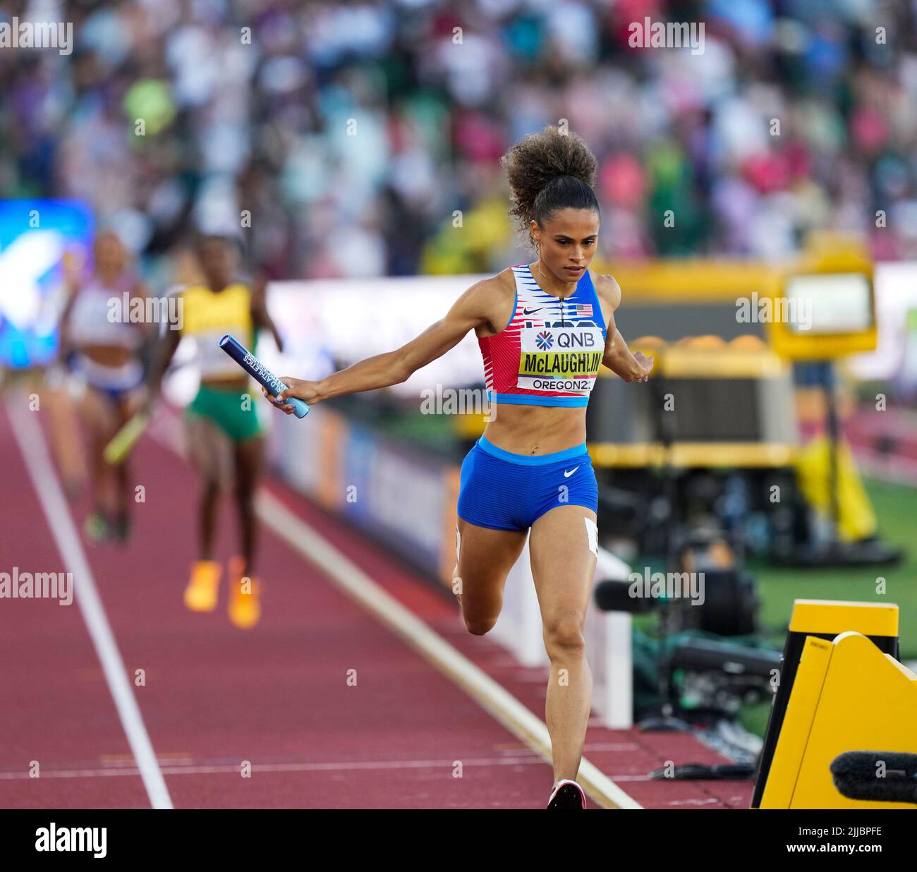 Eugene, USA. 24th July, 2022. Sydney McLaughlin of team USA sprints during the women