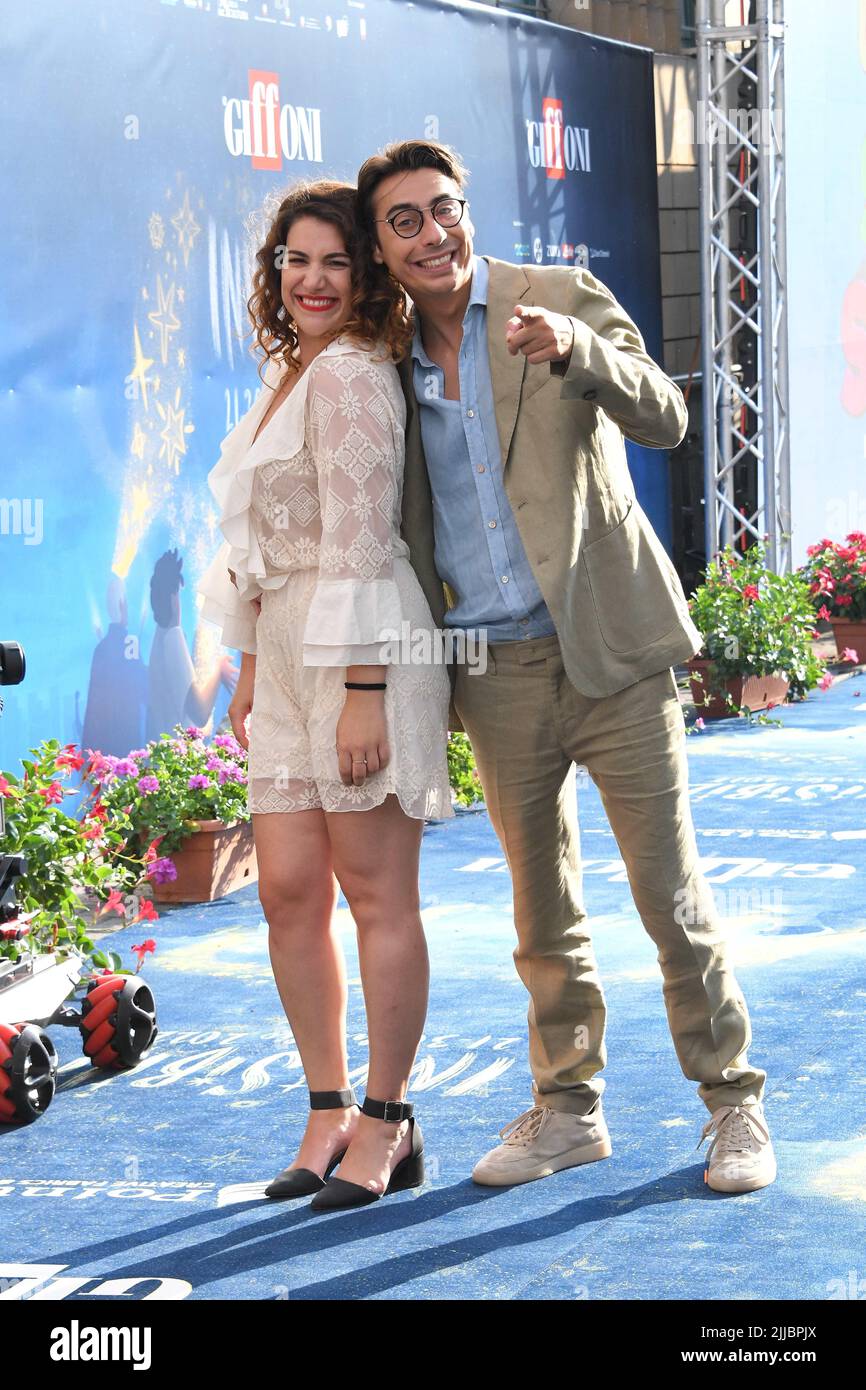 Giffoni Vallepiana, . 22nd July, 2022. Giffoni Vallepiana Giffoni Film  Festival Photocall I Soldi Spicci, In the photo: Sofia Scalia Luigi Calagna  (I Soldi Spicci) Credit: Independent Photo Agency/Alamy Live News Stock