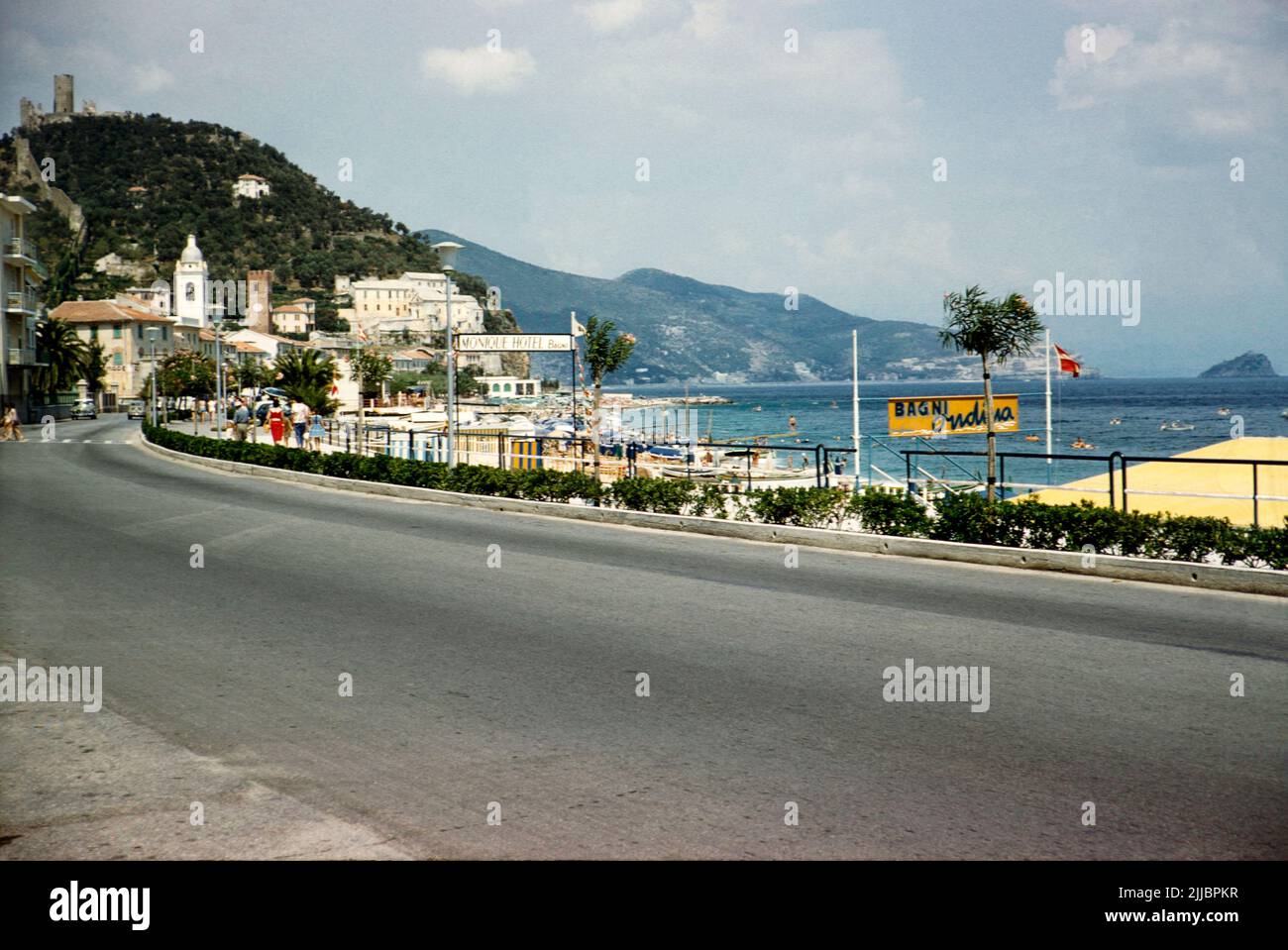 Coastal road on Mediterranean Sea, Italian Riviera, Noli, Liguria, Italy 1959 Stock Photo