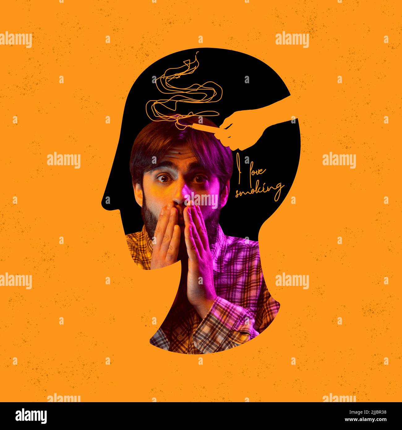 Smocking Collage Contemporary art collage. Conceptual image. Young man suffering from ...