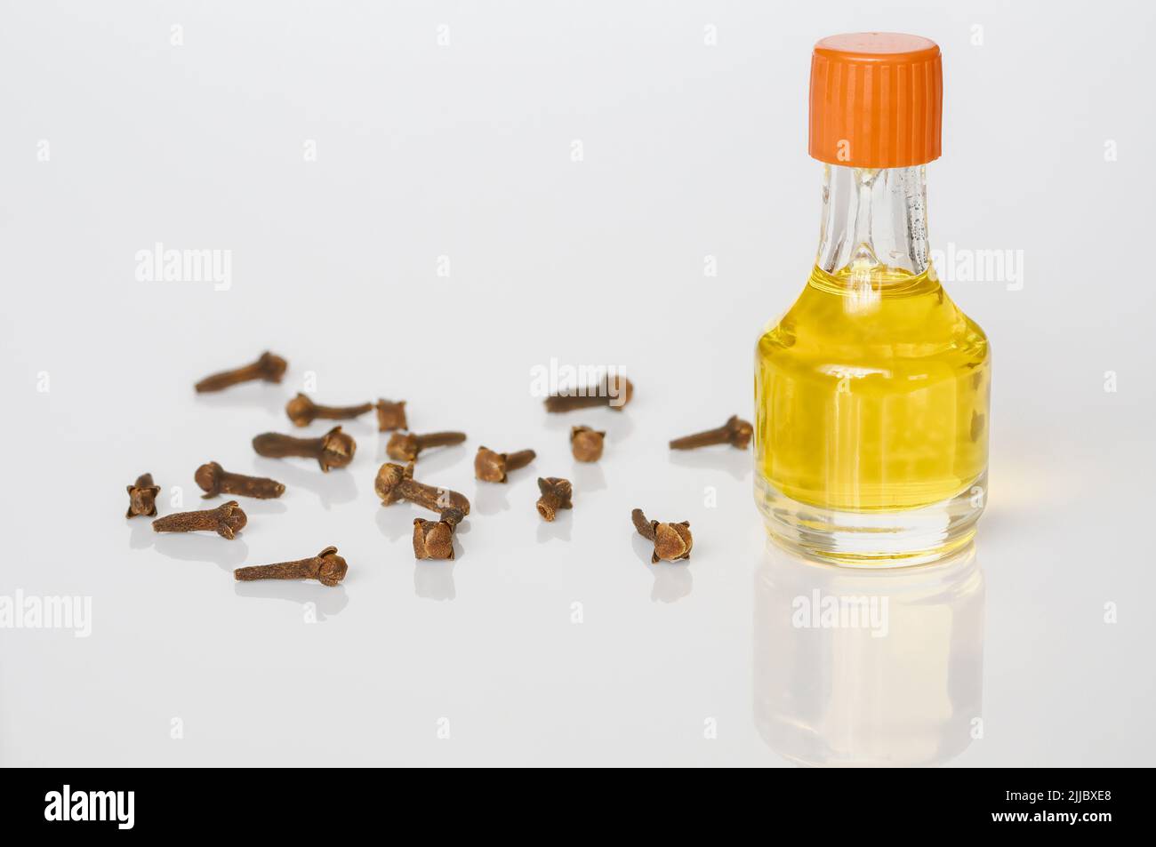 Clove oil and cloves on white background, essential oil in bottle, zen background concept, spa Stock Photo