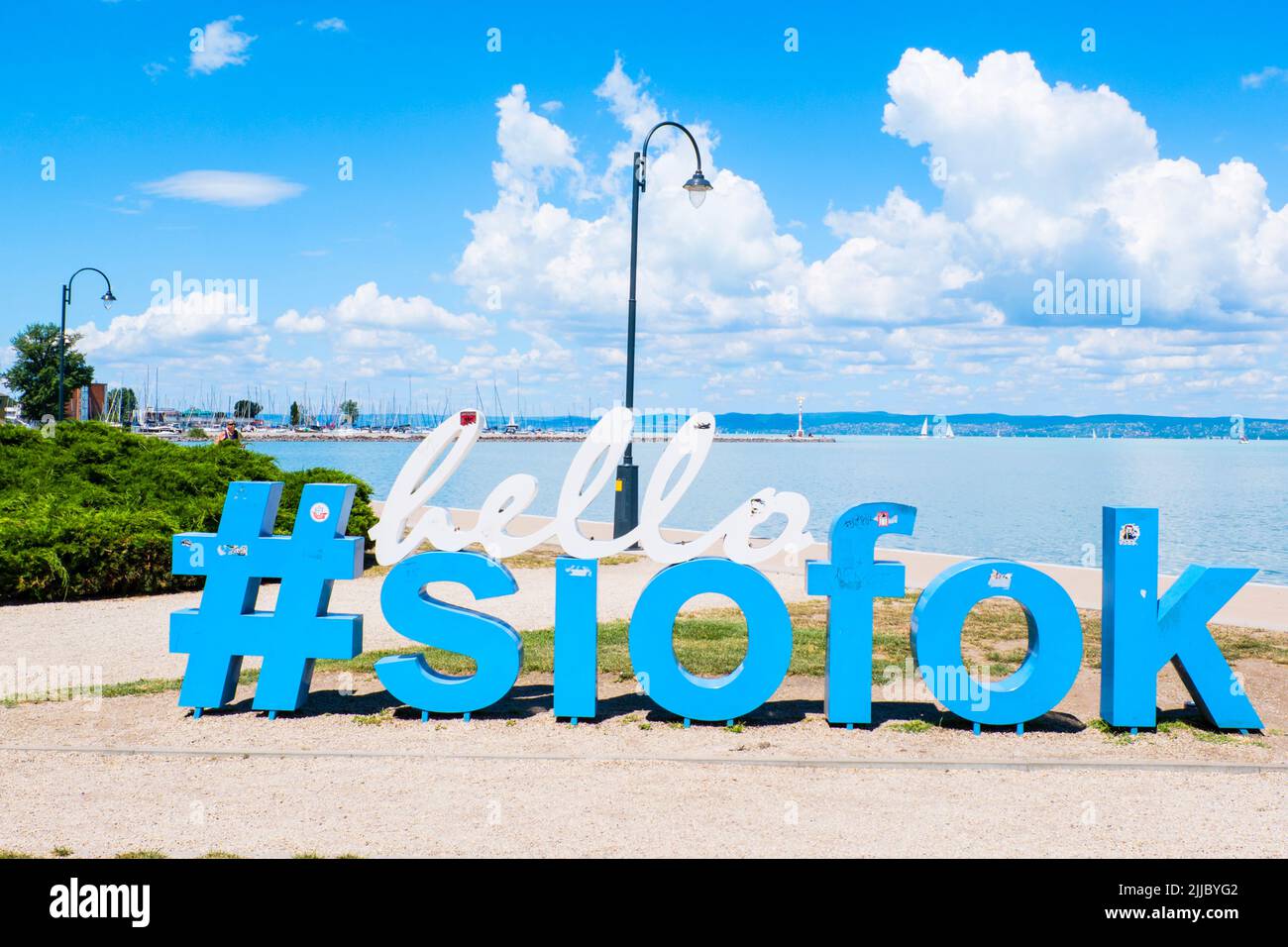 Hello Siofok sign, Plazs Siofok, Isztria setany, Siofok, Hungary Stock Photo