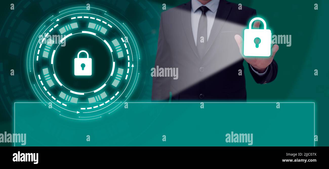 Businessman Pointing Finger And Projecting The Lock In A Glowing Futuristic Frame. Man In A Suit Showing Secured Messages And Encrypted Data In A Stock Photo