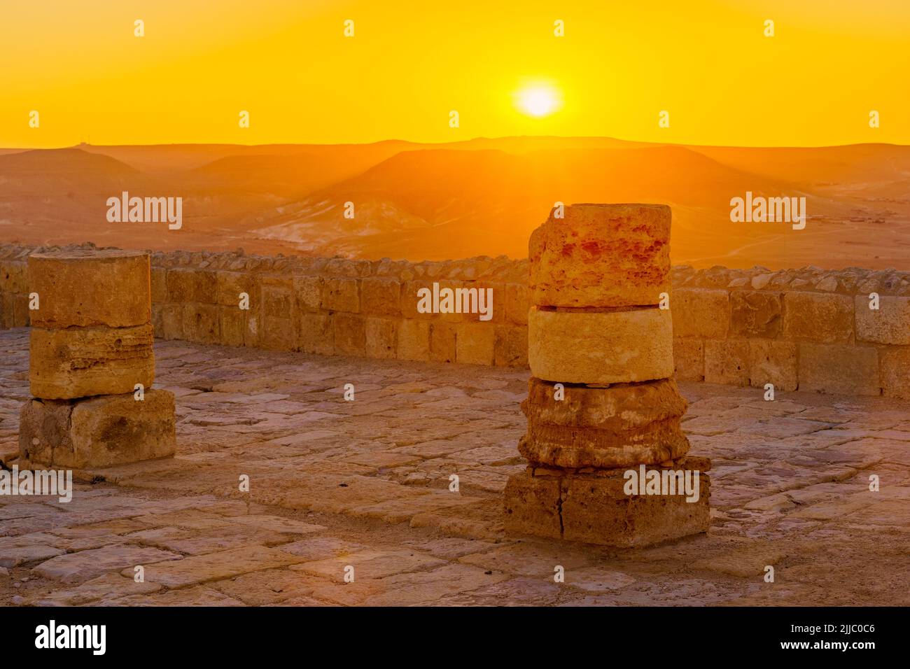 Sunset view with ancient ruins, in the Nabataean city of Avdat, the Negev Desert, Southern Israel Stock Photo