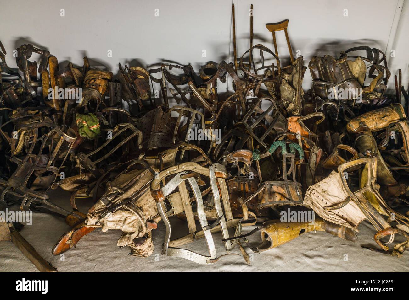 Prosthetic legs in the Auschwitz - Birkenau concentration camp. Oswiecim, Poland, 17 July 2022 Stock Photo