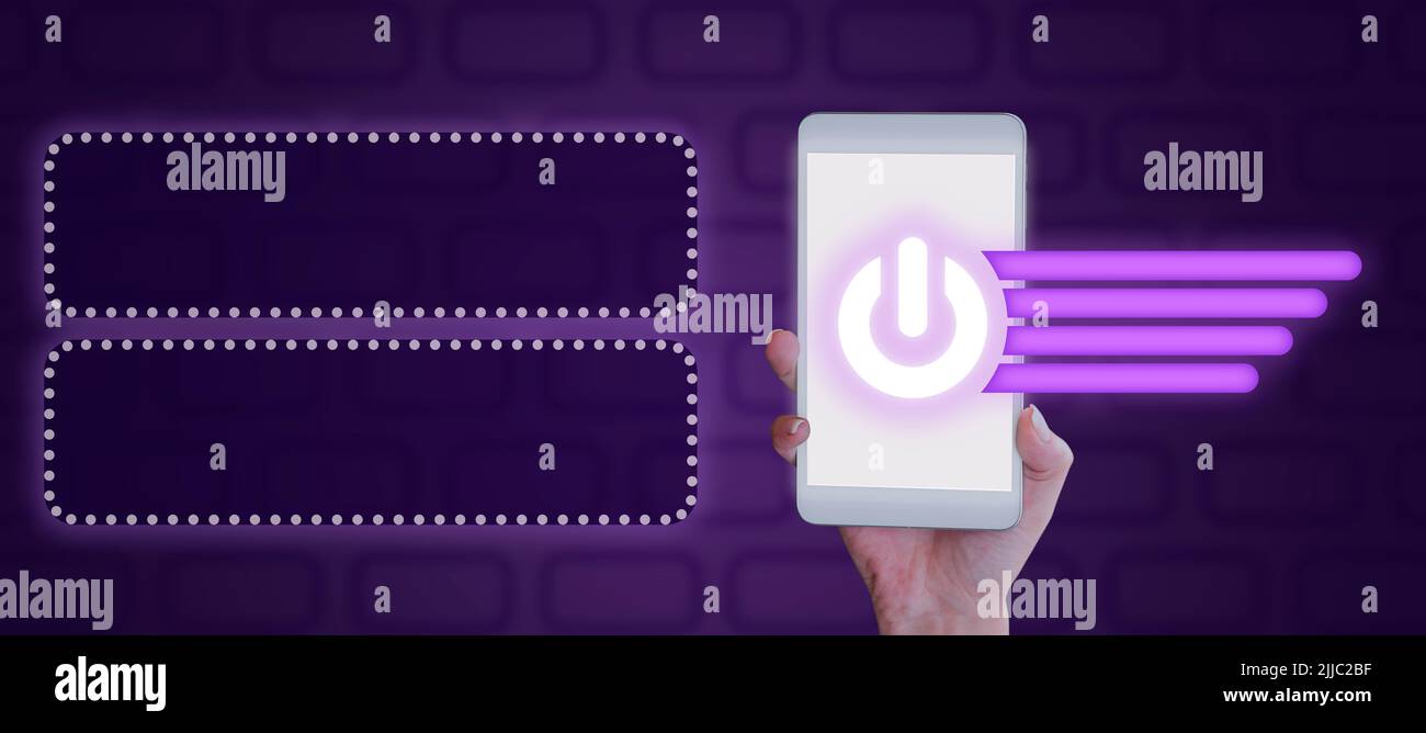Hand Of Woman Holding Smartphone Displaying Digital Power Button With ...