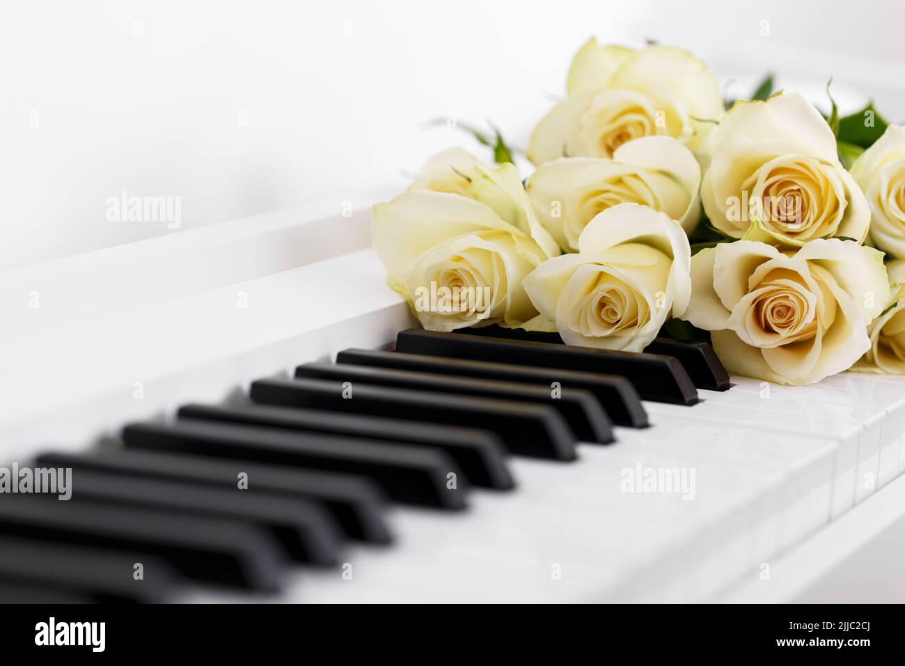 Romantic concept, piano and bouquet of white roses, close up Stock Photo
