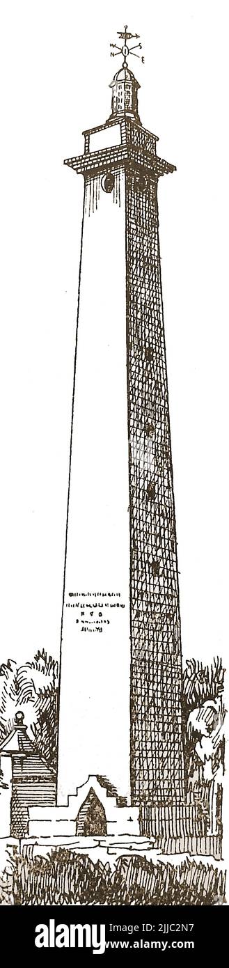 History of Lincoln, England  - An 1930's sketch of the Dunston Pillar, Lincoln. It was a former 'land lighthouse' and was commissioned by Sir Francis Dashwood founder of the Knights of St Francis, (later the Monks of Medmenham) and the Hellfire Club) in 1751 as a gift for his wife Sarah (Ellys) Dashwood, who complained about the unsafe area  near her childhood home, Nocton. Its purpose was to improve the safety of  travellers in the treacherous area  known for its many incidents of  highway robbery. Stock Photo