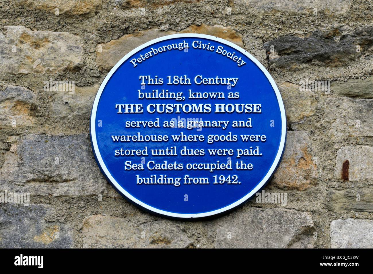 The Blue Plaque on the Customs House, river Nene embankment, Peterborough City; Cambridgeshire; England; UK Stock Photo