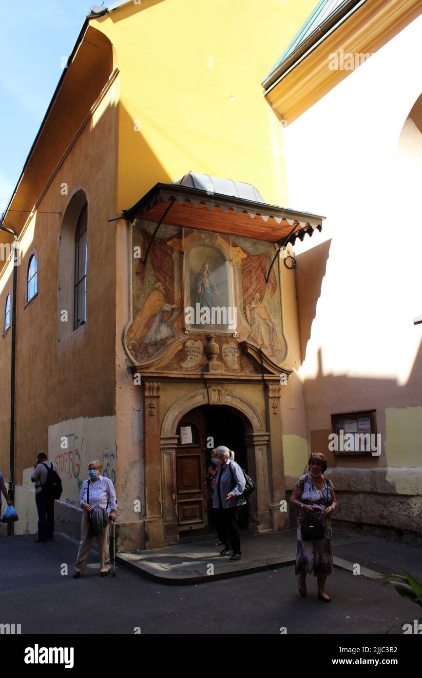 Famous landmarks, main entrance of St. Mary's church, near Dolac main city market Zagreb, Croatia Stock Photo