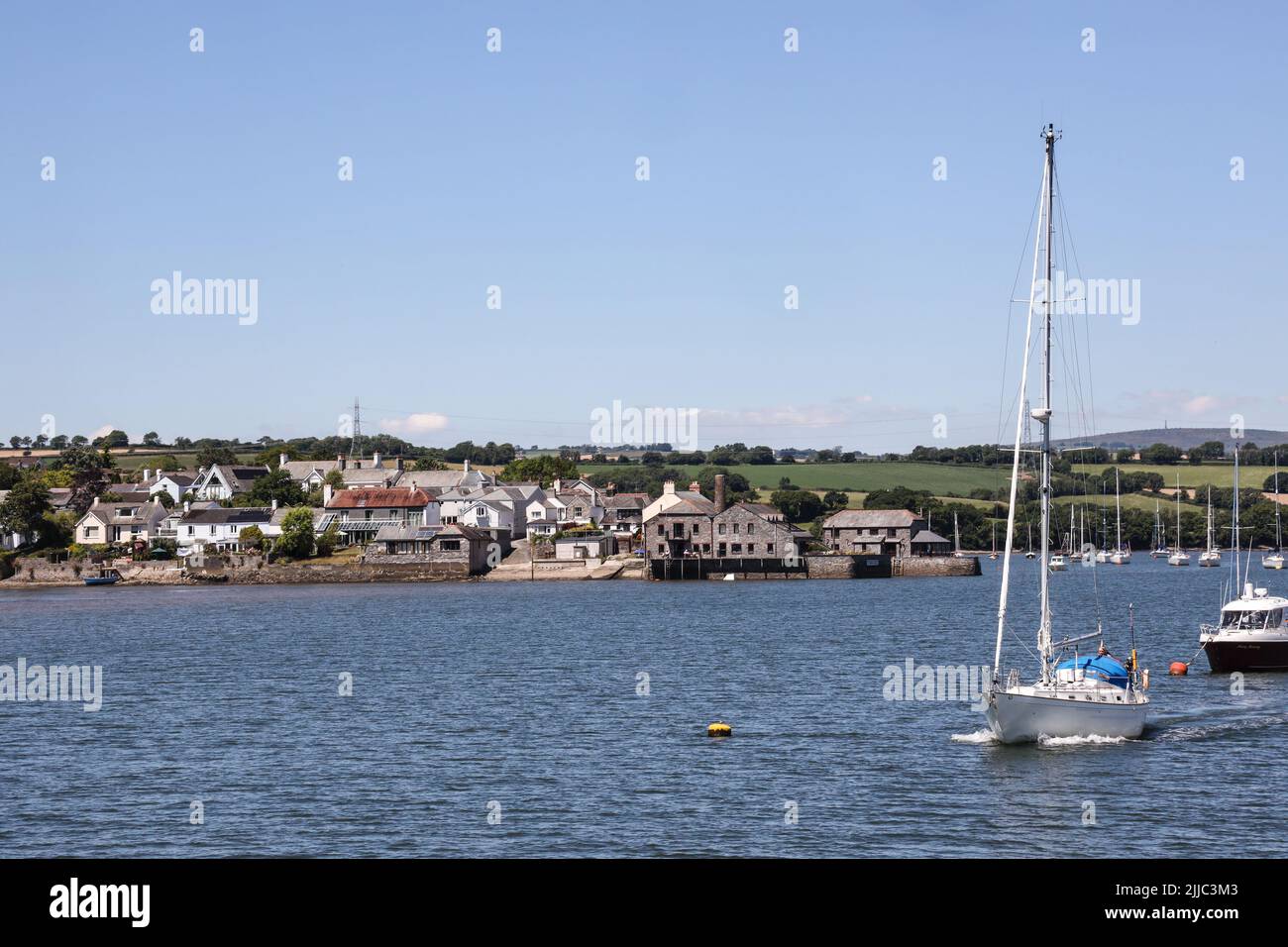 The little village of Cargreen, on the Cornish banks of the River Tamar. Taken on a cruise up the River Tamar from Plymouth, Summer 2022. Heatwave; Pr Stock Photo