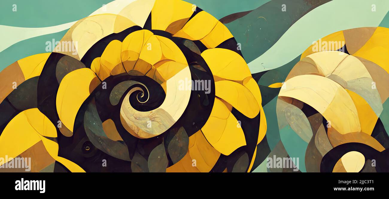 Prehistoric ammonite abstract nautilus spirals fossil decorative design in rustic yellow and teal sea green. Ancient modern concept. Stock Photo