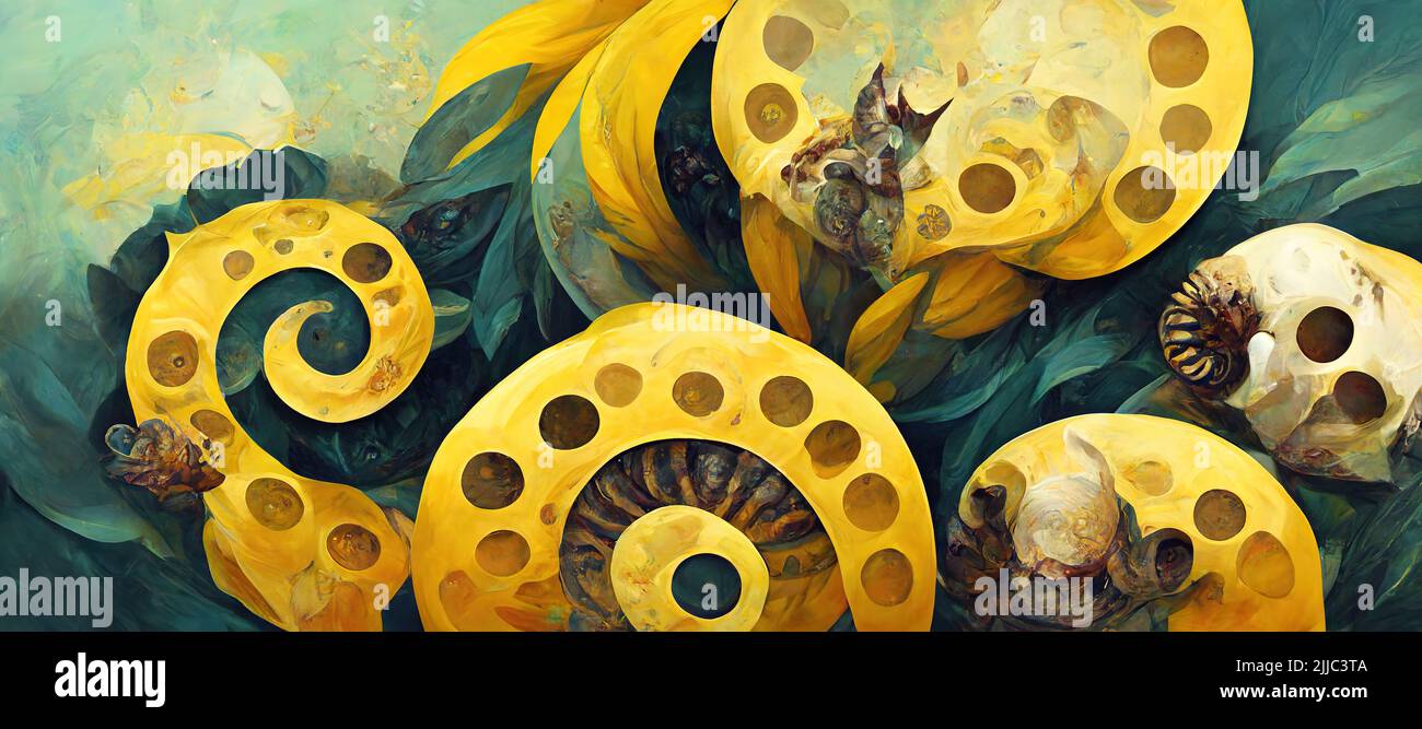 Prehistoric ammonite abstract nautilus spirals fossil decorative design in rustic yellow and teal sea green. Ancient modern concept. Stock Photo