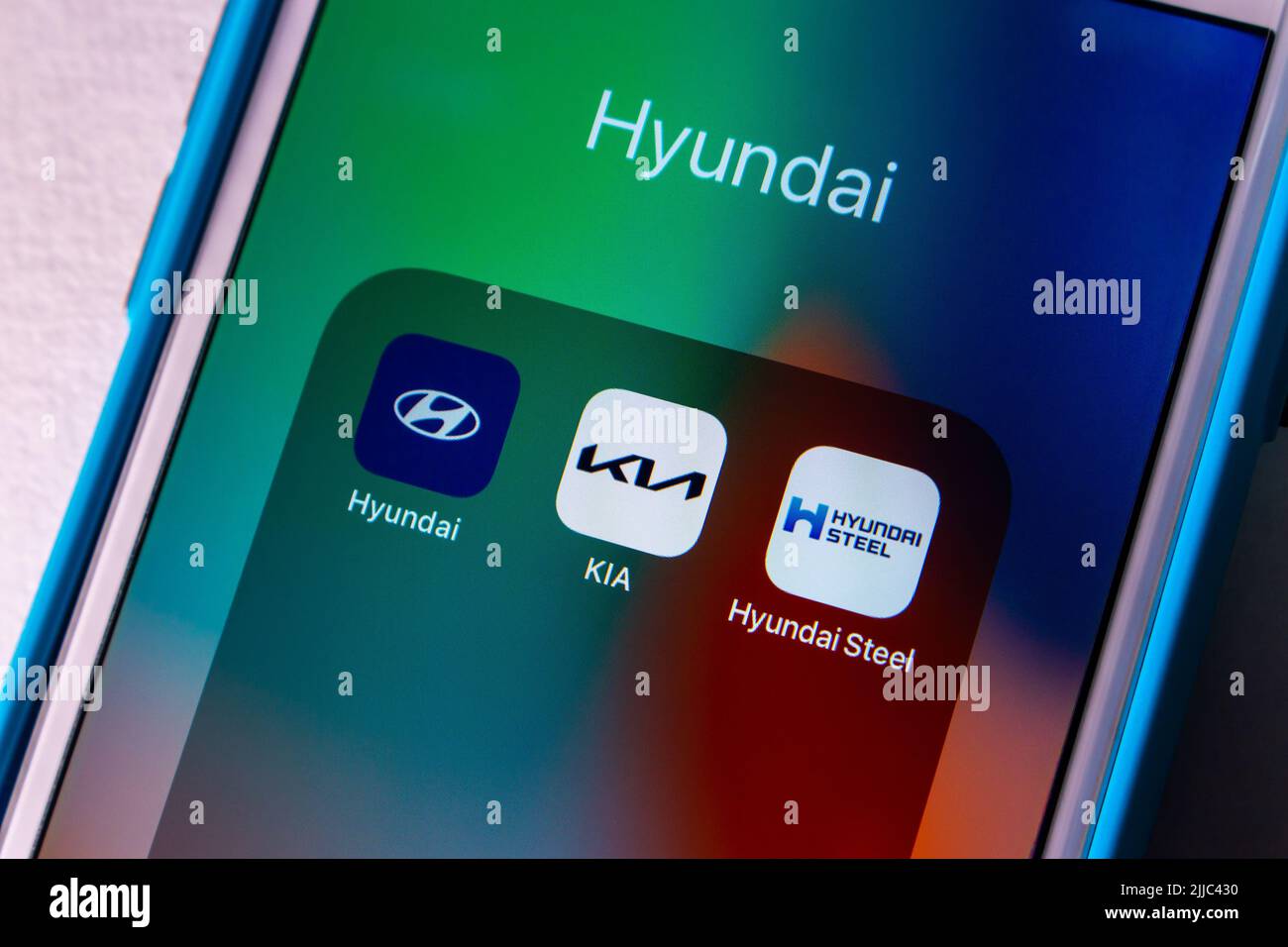 Kumamoto, JAPAN - Jul 17 2022 : Hyundai Group icons (Hyundai Motor Company, KIA Corporation and Hyundai Steel) on an iPhone. South Korean conglomerate Stock Photo