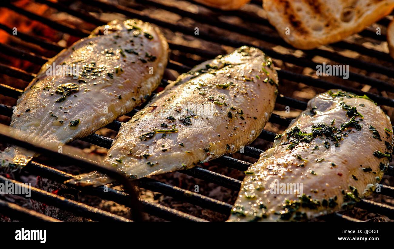 Tasty Grilled sole food detail with smoke Stock Photo Alamy