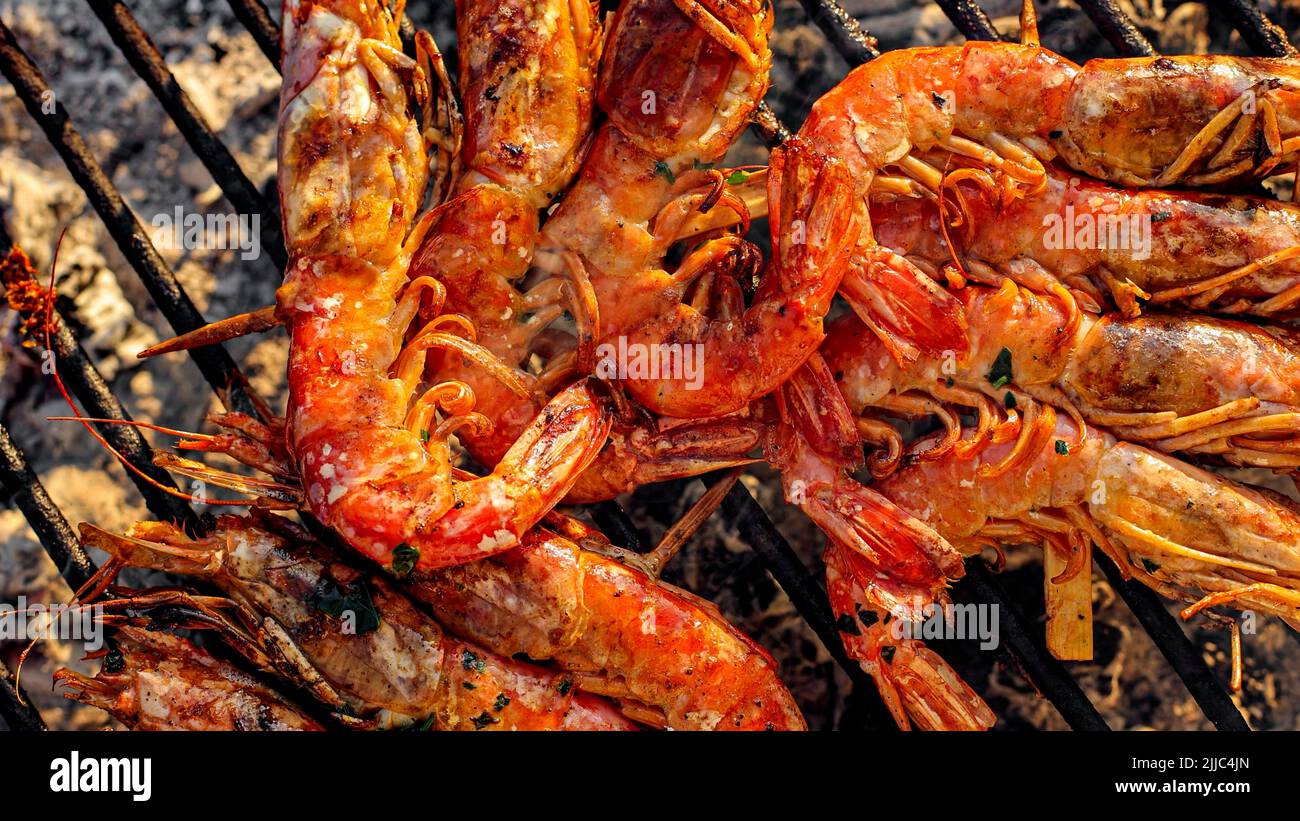 Grilled shrimp (Giant freshwater prawn) grilling with charcoal. Grilled