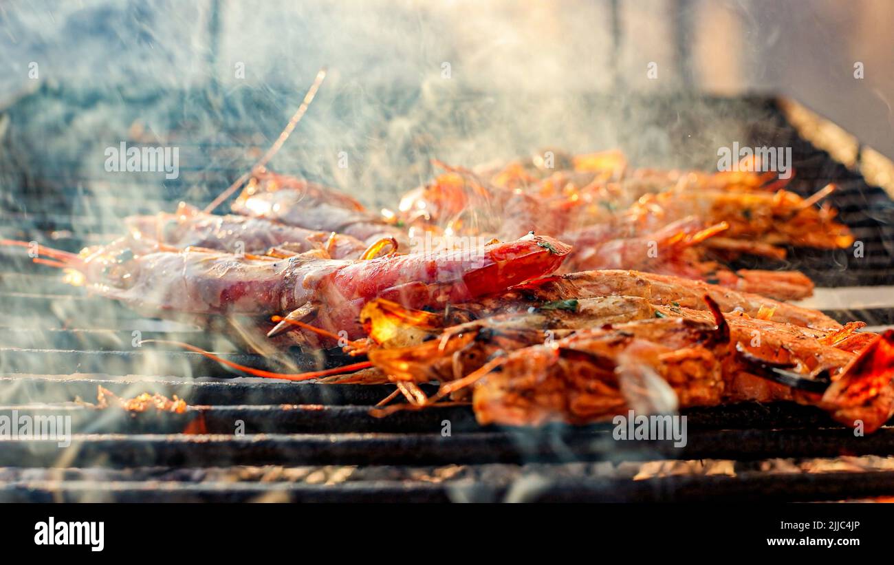 Grilled shrimp (Giant freshwater prawn) grilling with charcoal. Grilled