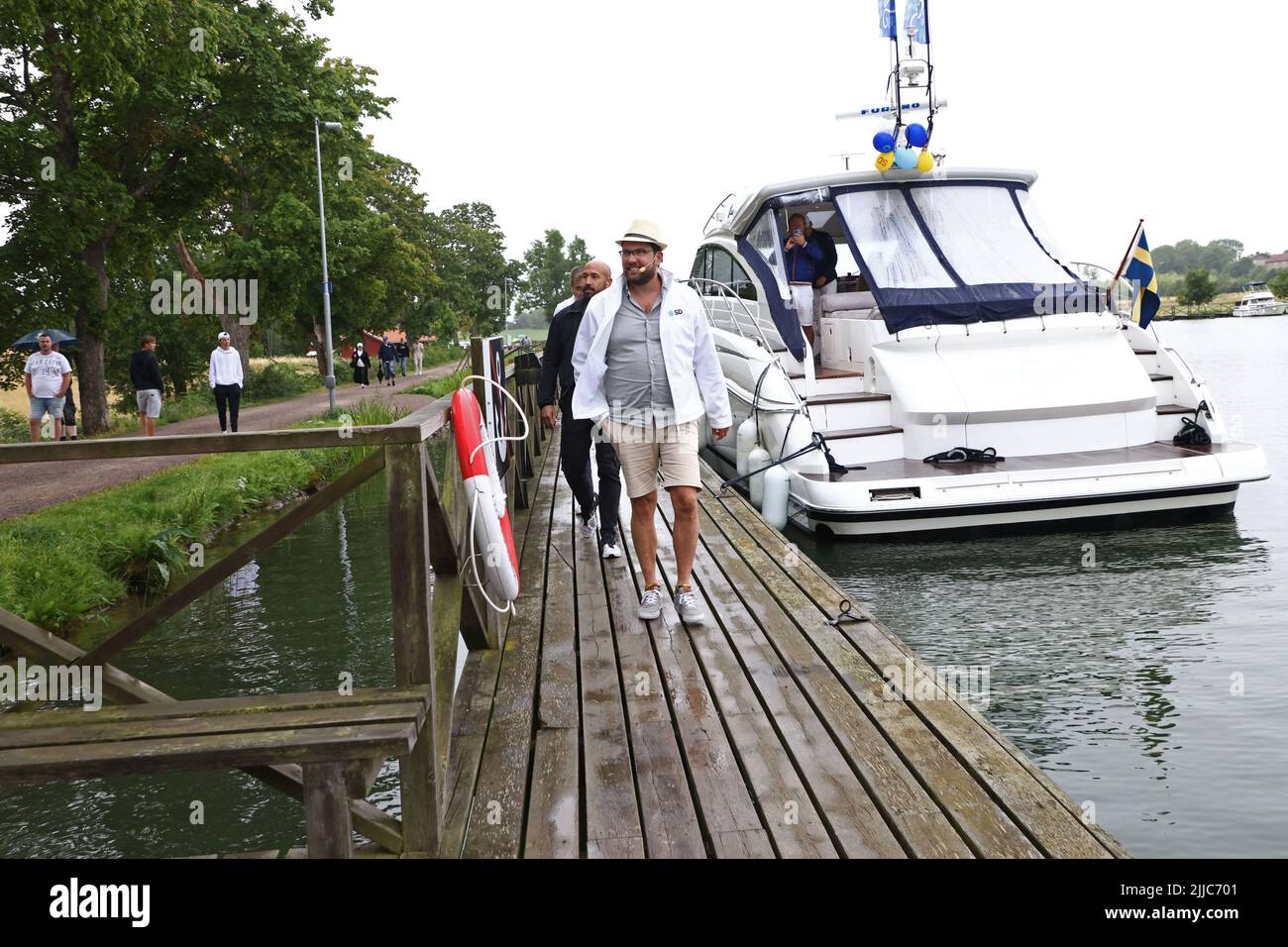 The Sweden Democrats' Jimmie Åkesson starts the 2022 election campaign with a tour on Göta canal. Together with the Riksdag candidate Jessica Stegrud, they will go by boat along the canal and stop to meet voters, present new developments and have interesting conversations. Stock Photo