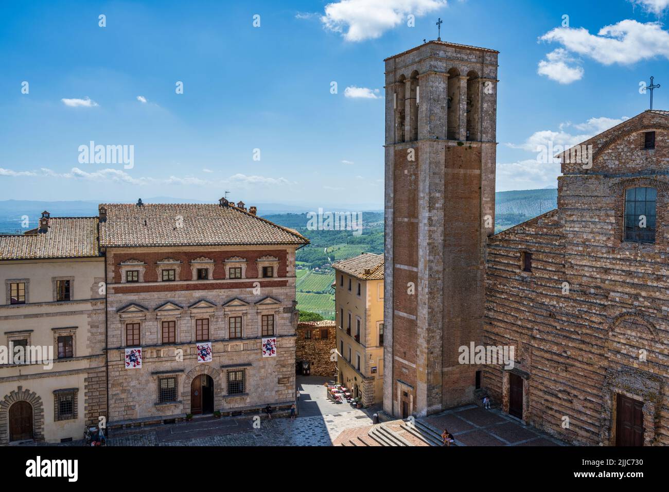 Elevated view of Montepulciano Cathedral (Duomo di Montepulciano) on Piazza Grande in the hilltop town of Montepulciano in Tuscany, Italy Stock Photo