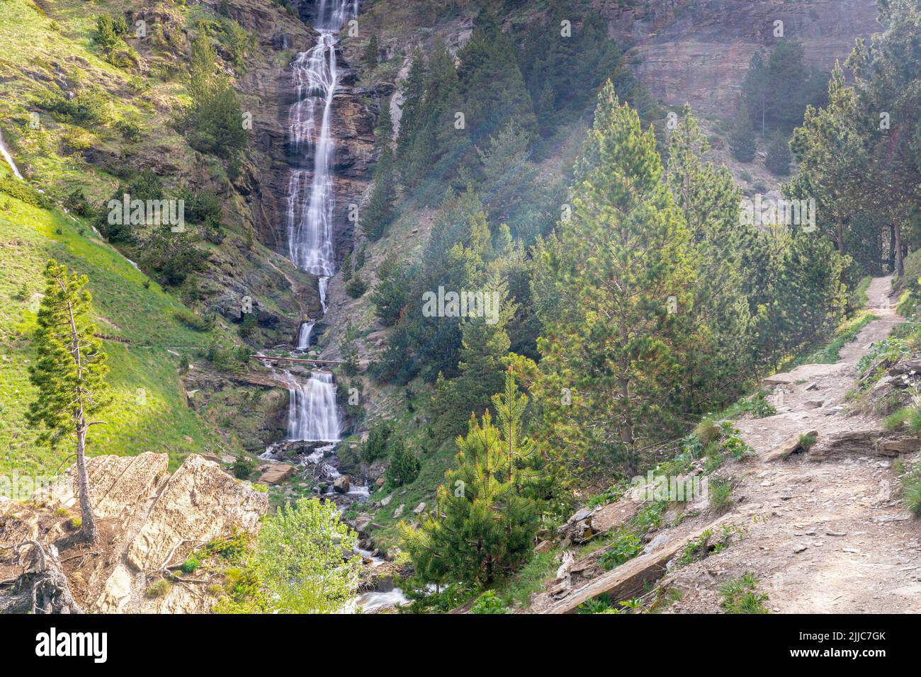 Three waterfalls trail in Cerler, Ardones Gorge, Cerler, Huesca, Spain Stock Photo