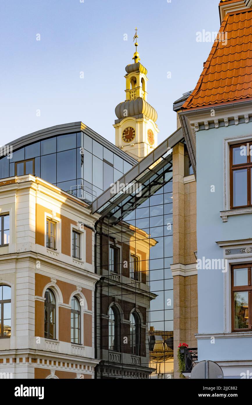 Riga architecture - Contrast - Old and New architecture in buildings in Riga Old town, Riga Latvia Europe Stock Photo