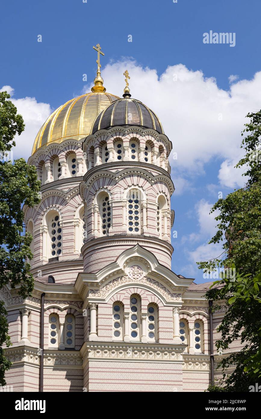 Neo Byzantine architecture and dome in the exterior view of the Nativity of Christ Orthodox Cathedral Riga Latvia Europe Stock Photo