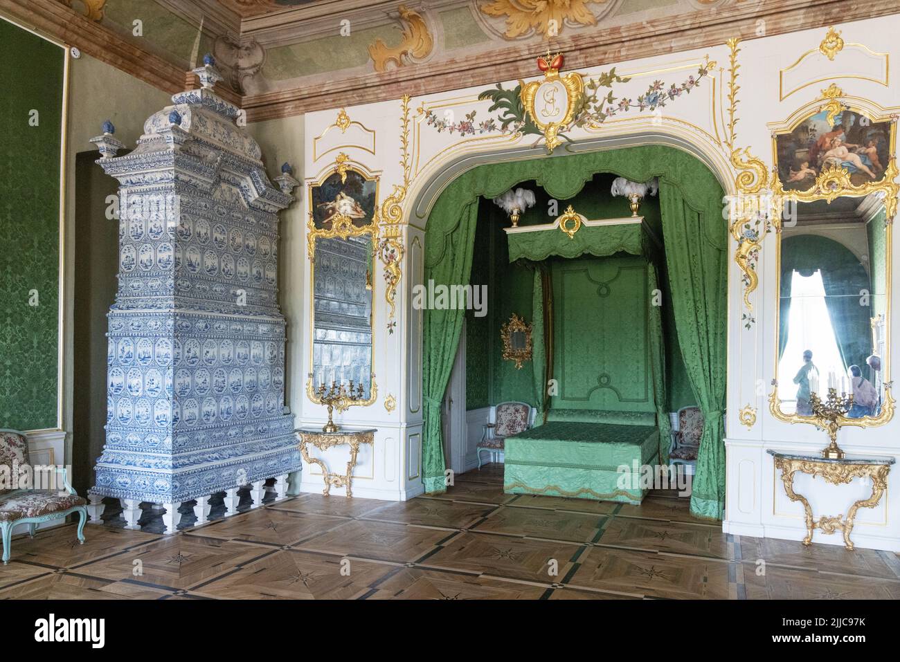Rundale Palace Latvia, a restored 18th century Baroque architecture palace, interior, The State bedroom of the Duke of Courland Stock Photo