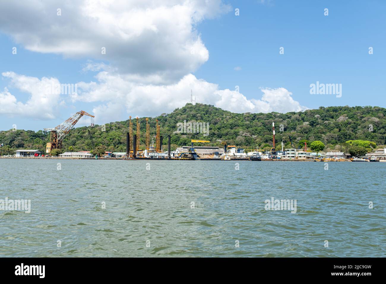 A shipping dock along the Panama Canal in Panama Stock Photo